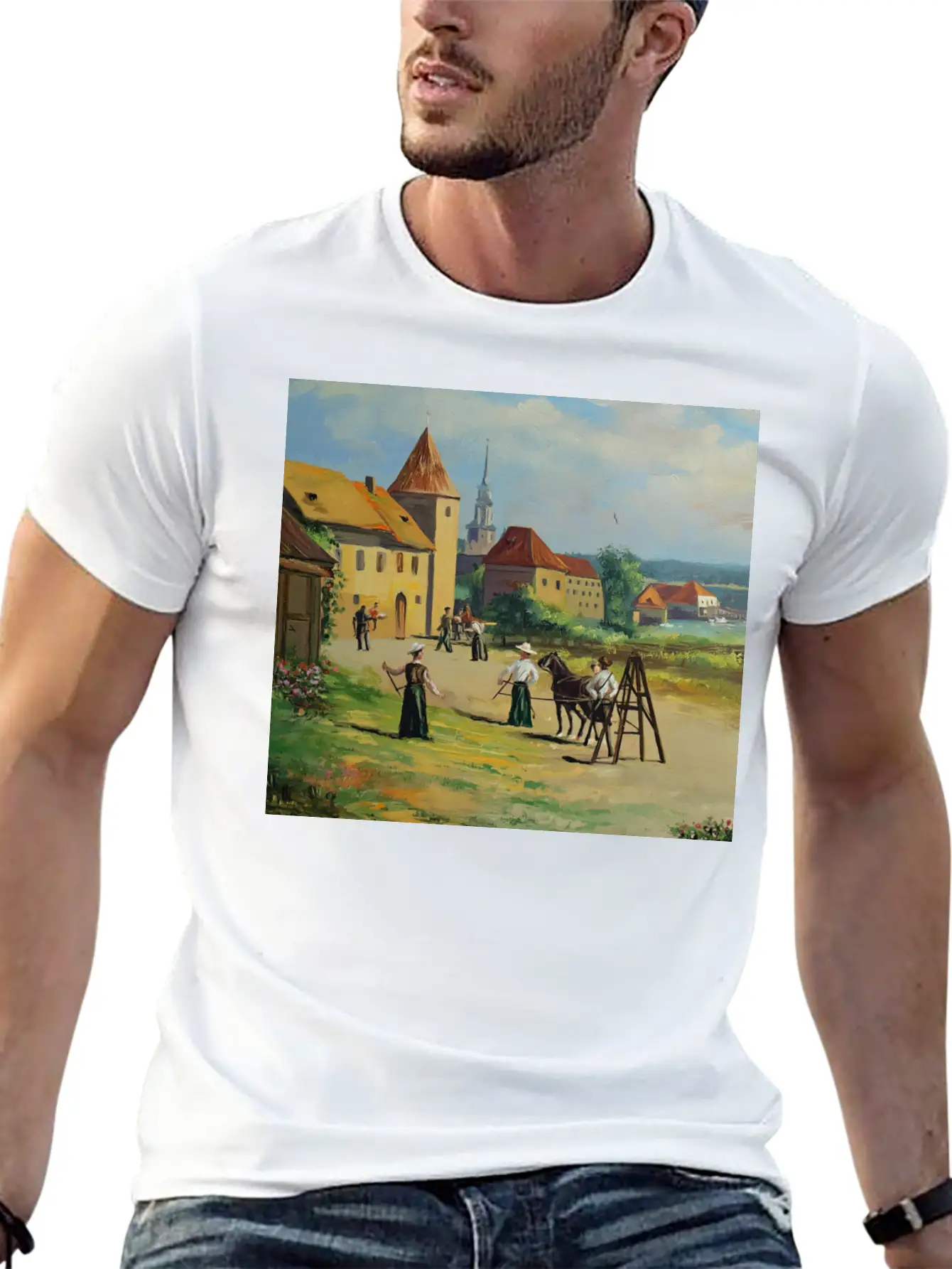 Town Painting Oil Panel Art Soft Cotton Short Sleeve Tee – Unisex Wardrobe Staple