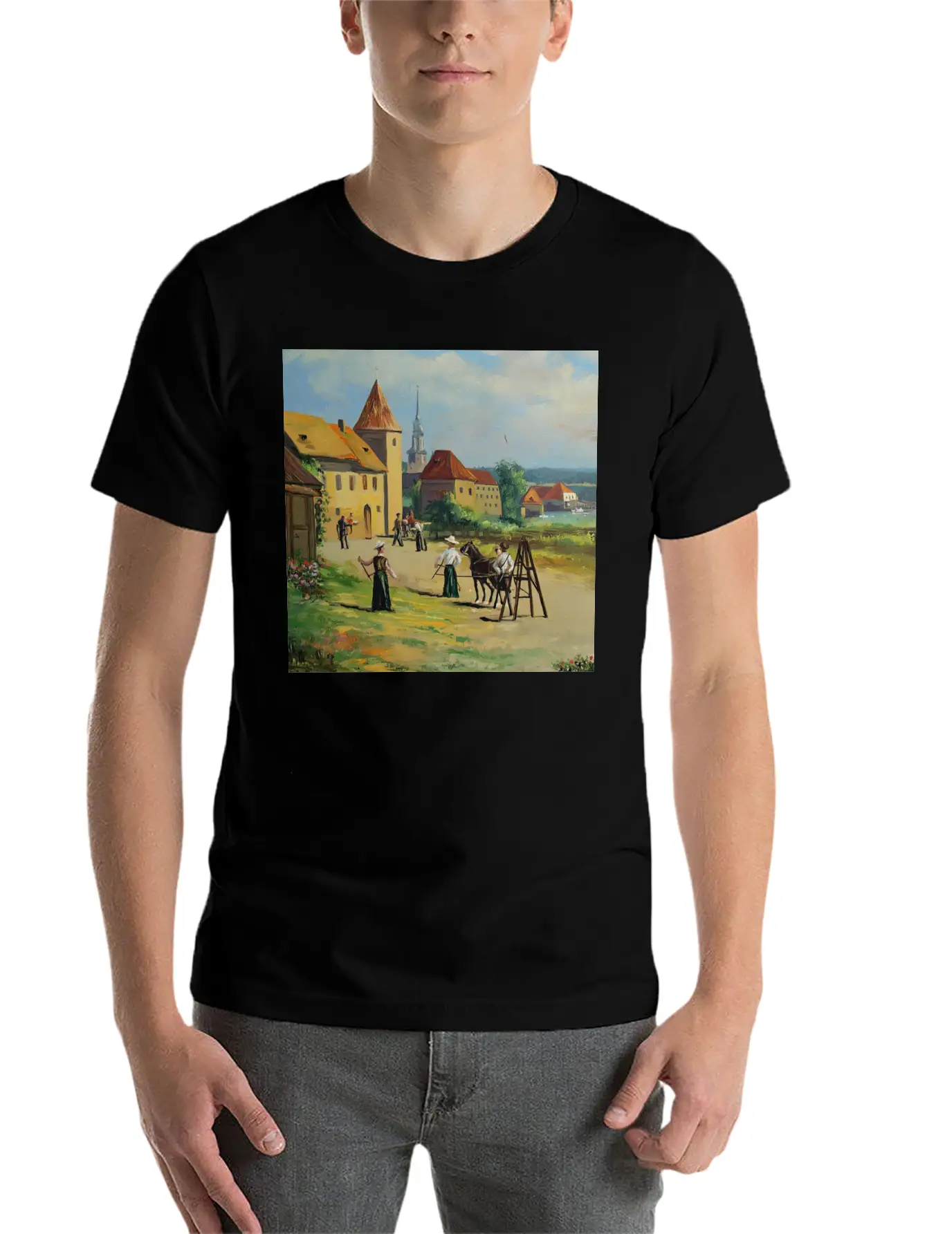 Town Painting Oil Panel Art Soft Cotton Short Sleeve Tee – Unisex Wardrobe Staple
