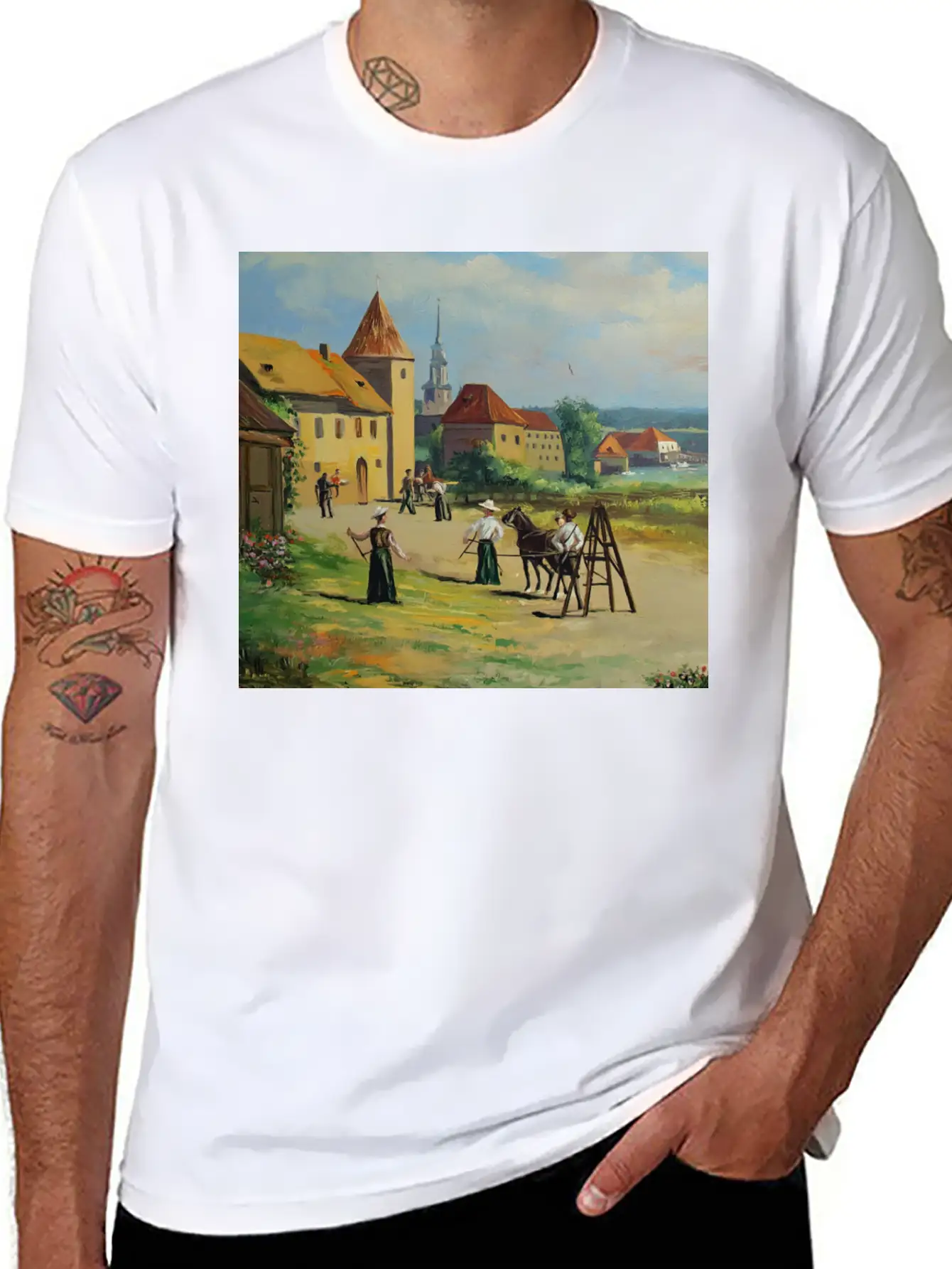 Town Painting Oil Panel Art Soft Cotton Short Sleeve Tee – Unisex Wardrobe Staple