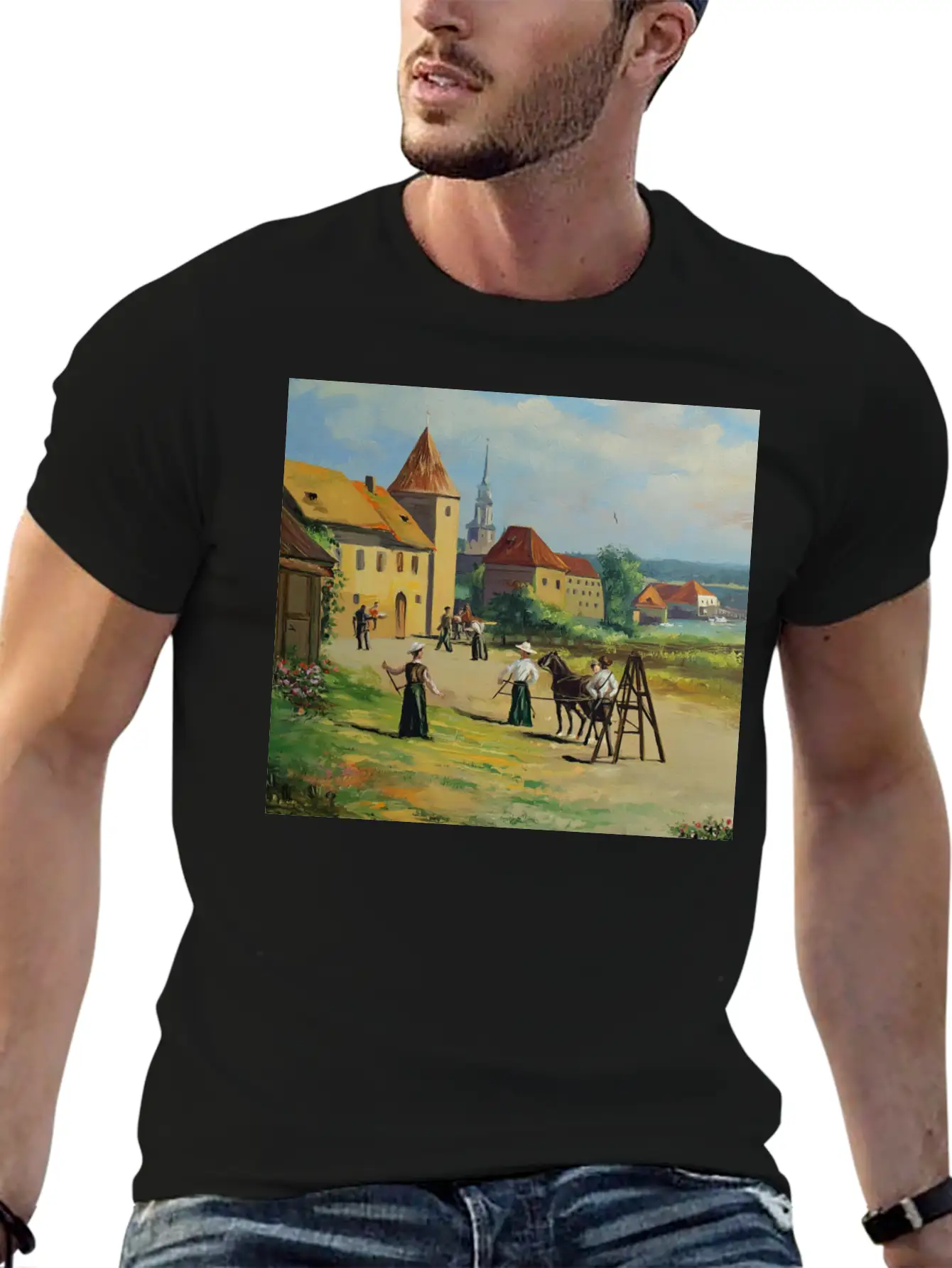 Town Painting Oil Panel Art Soft Cotton Short Sleeve Tee – Unisex Wardrobe Staple