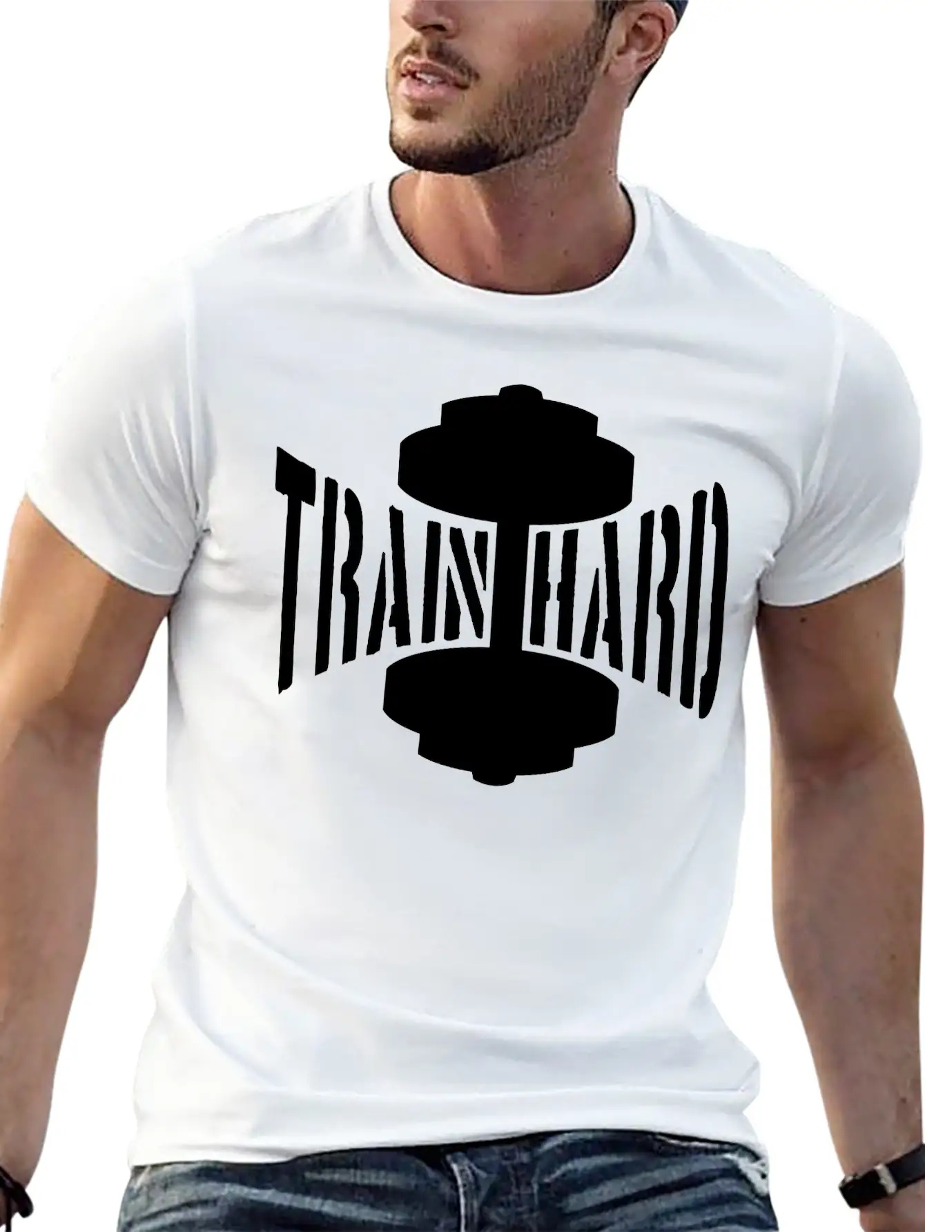Train Hard Text Dumbbell Exercise Hand Arm Muscles Unisex Casual T-Shirt – Clean Design For Daily Comfort