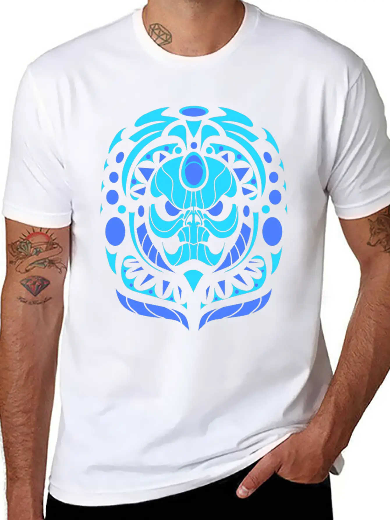 Tribal Skull Blue Lightweight Cotton T-Shirt – Daily Comfort Graphic Shirt