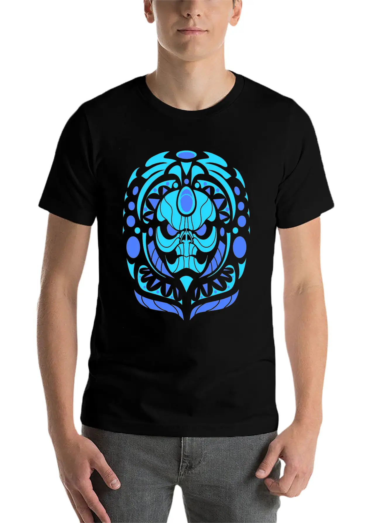 Tribal Skull Blue Lightweight Cotton T-Shirt – Daily Comfort Graphic Shirt