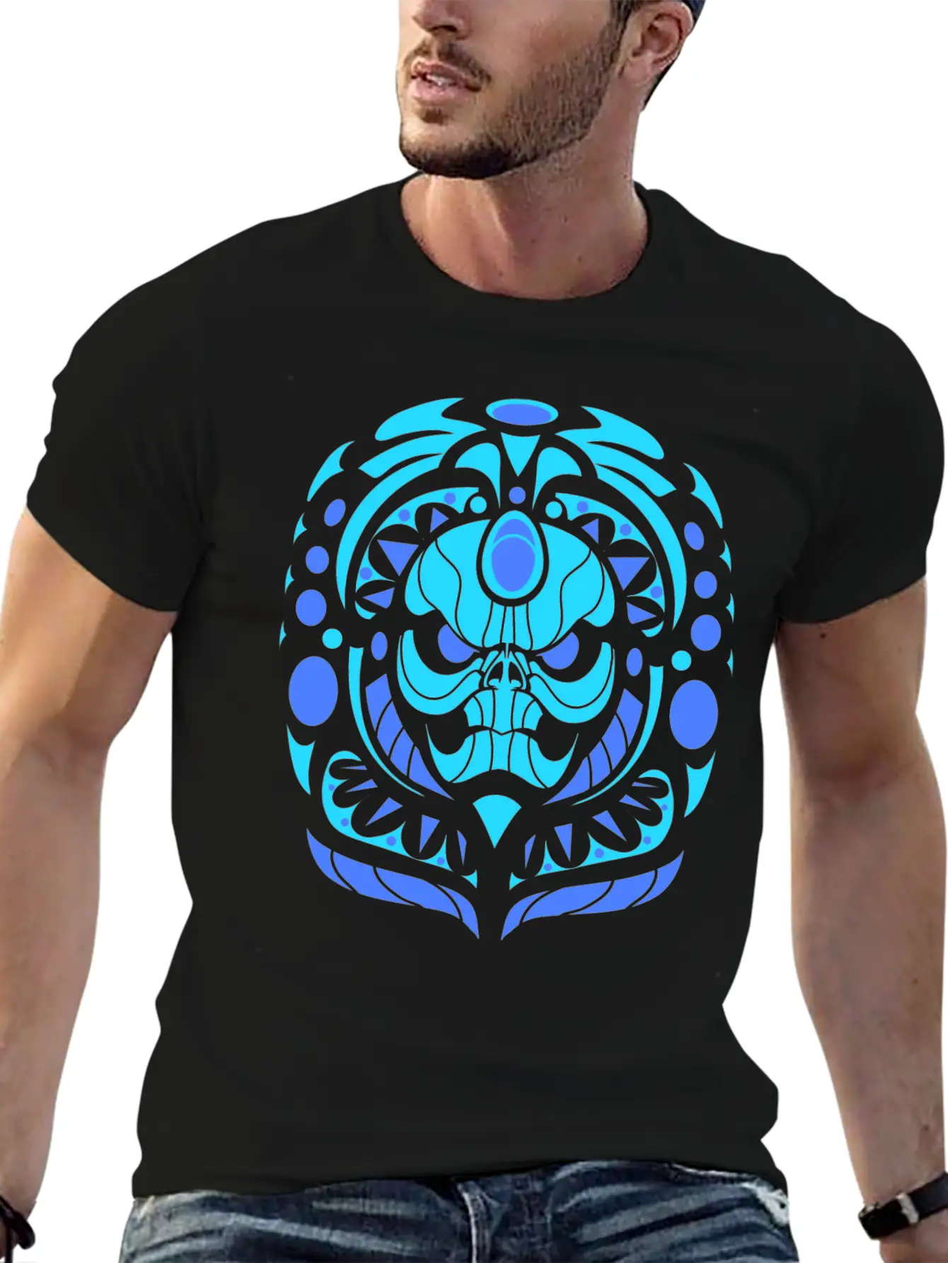 Tribal Skull Blue Lightweight Cotton T-Shirt – Daily Comfort Graphic Shirt