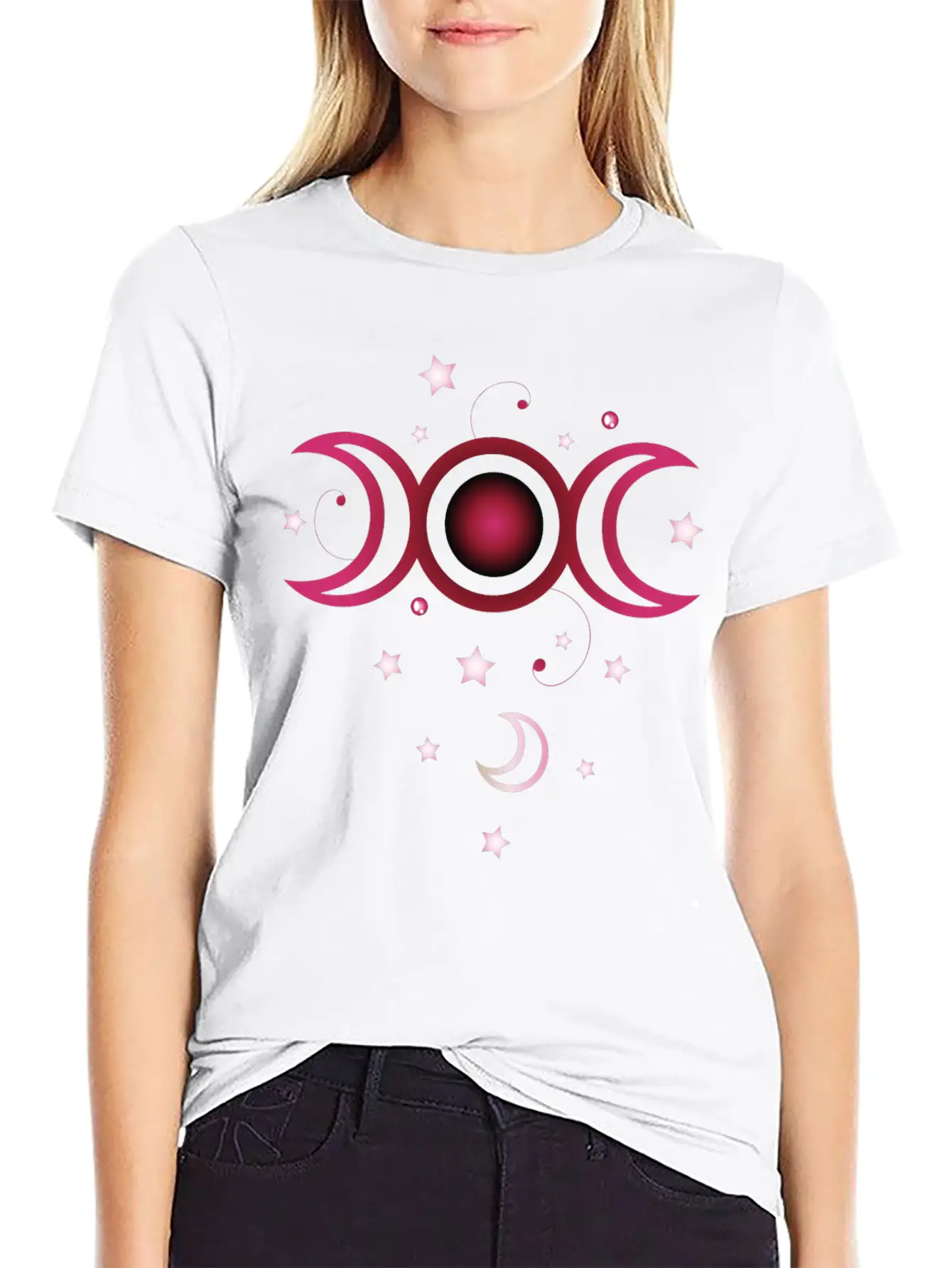 Triple Moon With Stars, Pink. Modern Fit Casual T-Shirt – Clean And Versatile Design