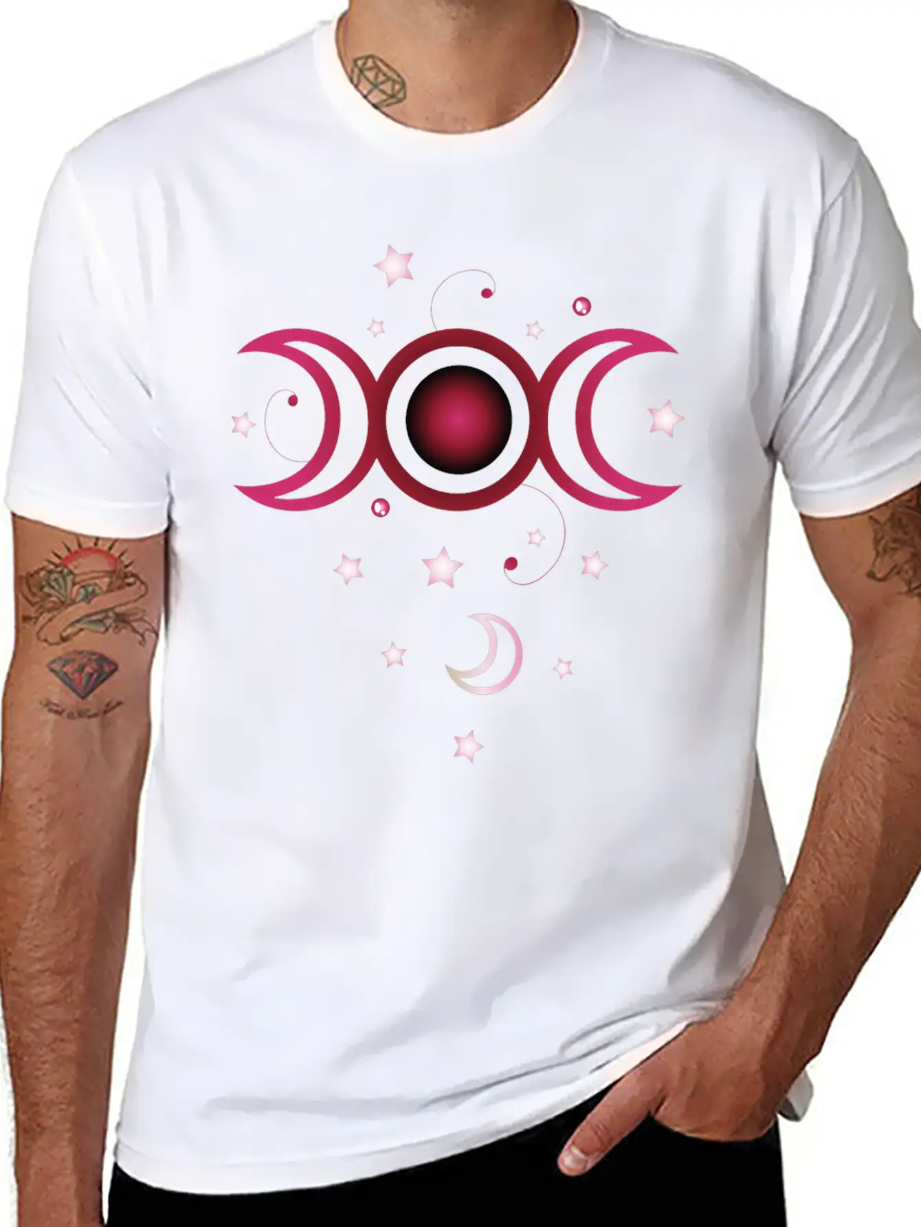 Triple Moon With Stars, Pink. Modern Fit Casual T-Shirt – Clean And Versatile Design