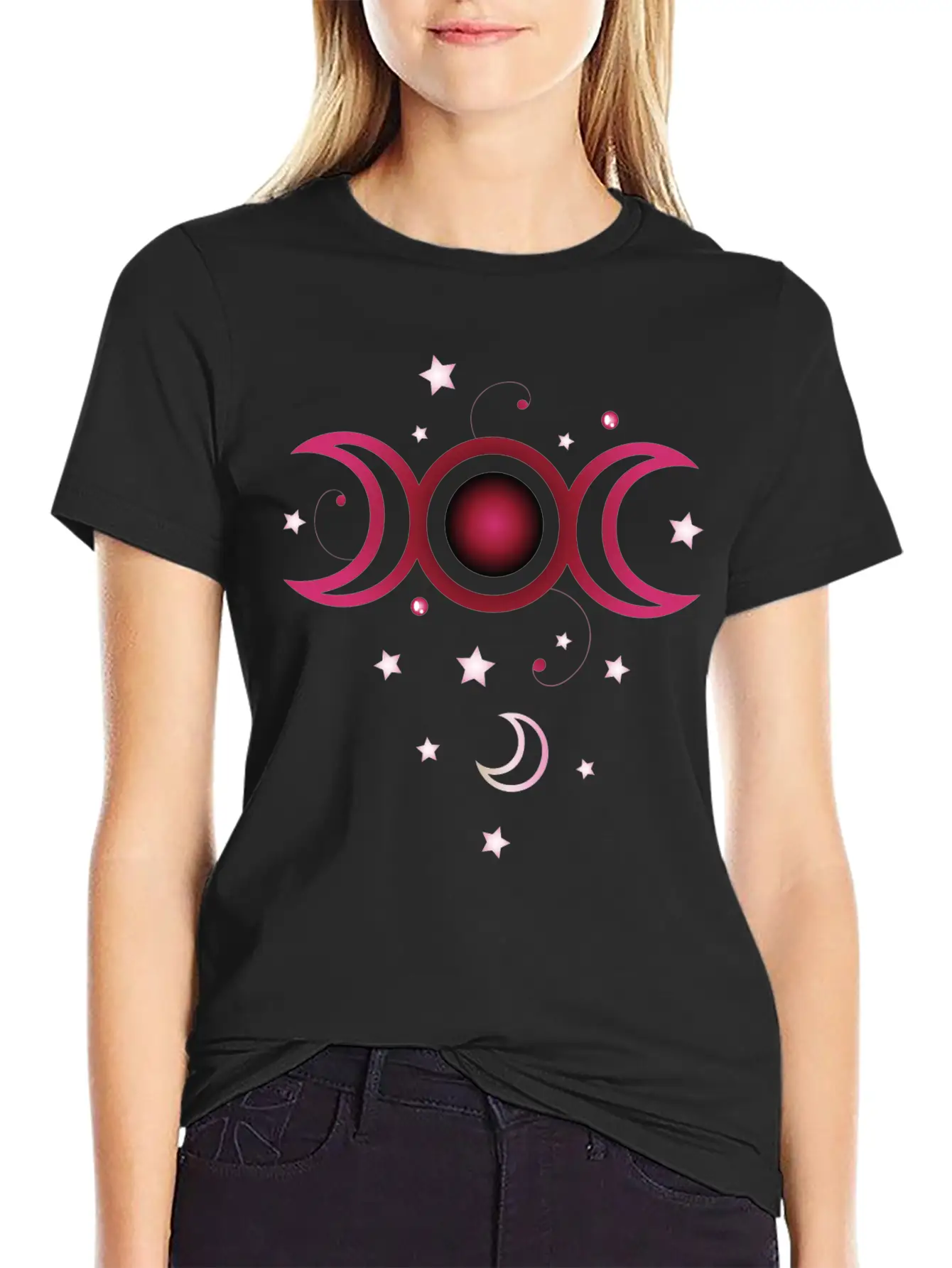 Triple Moon With Stars, Pink. Modern Fit Casual T-Shirt – Clean And Versatile Design