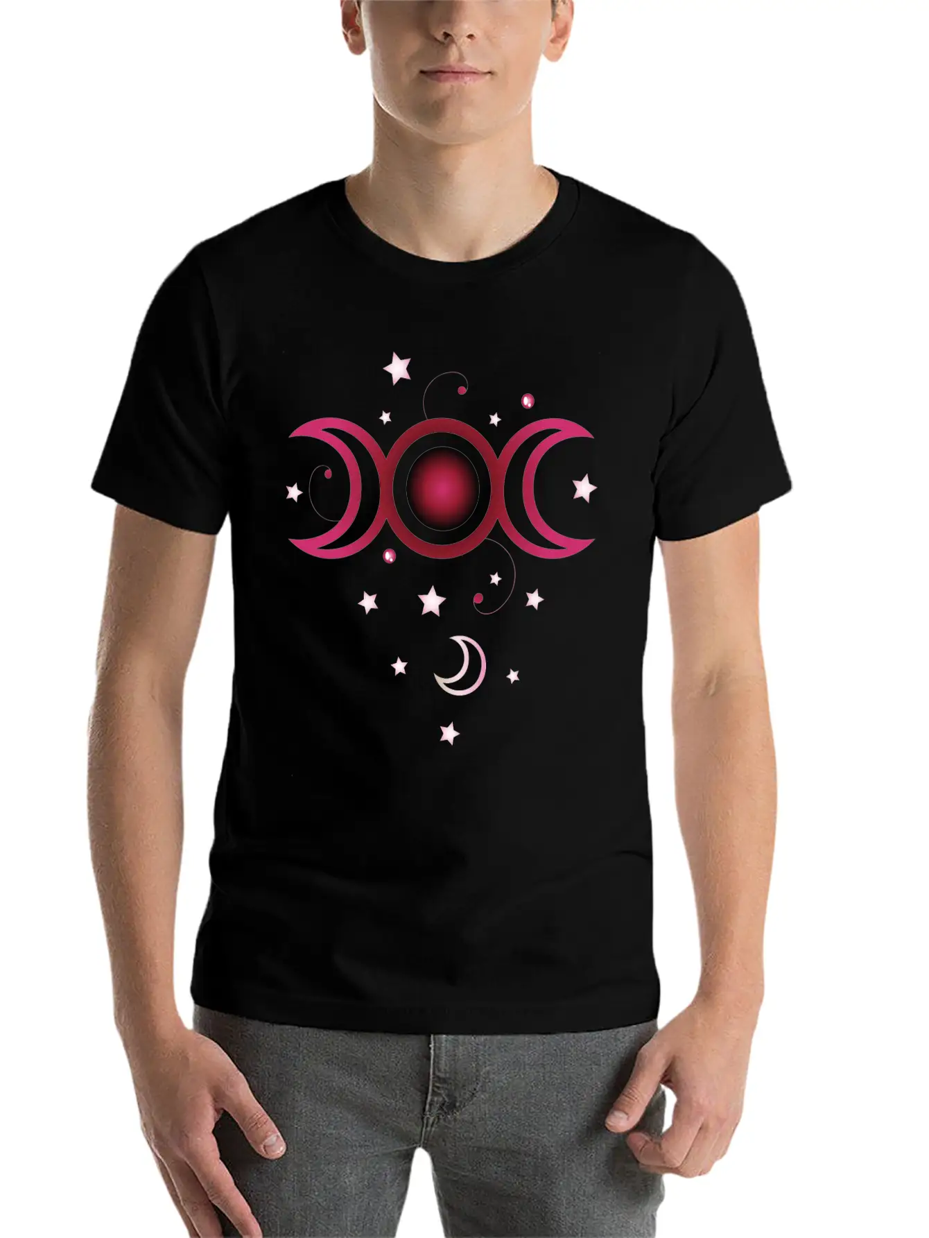 Triple Moon With Stars, Pink. Modern Fit Casual T-Shirt – Clean And Versatile Design