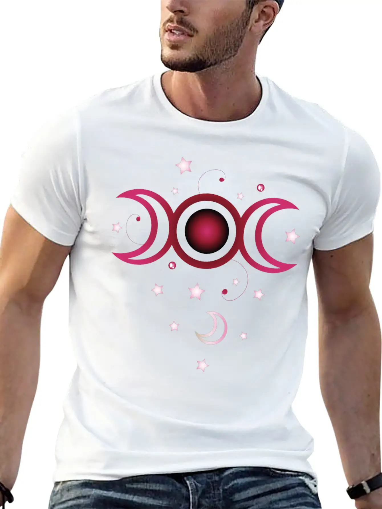 Triple Moon With Stars, Pink. Modern Fit Casual T-Shirt – Clean And Versatile Design