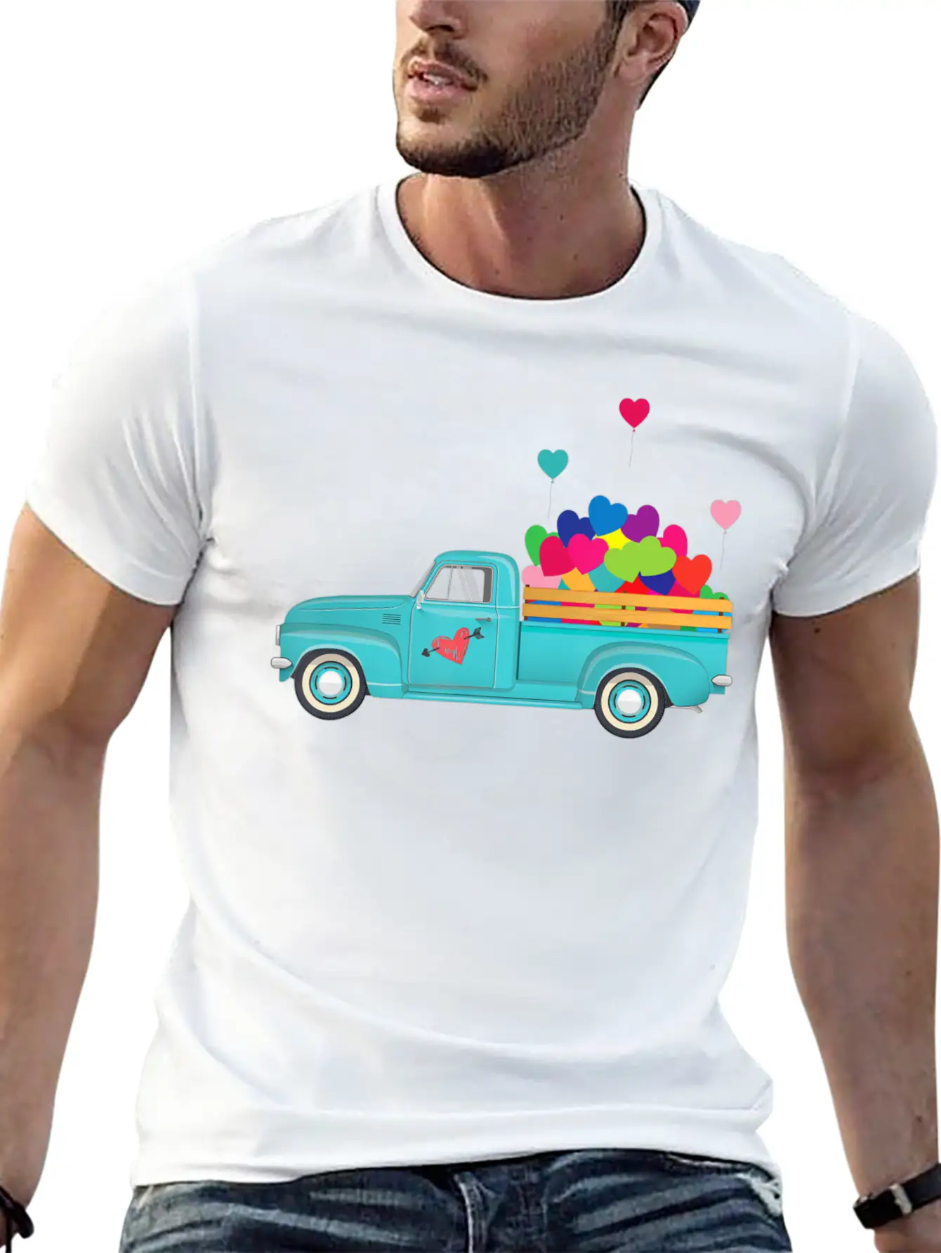 Truck Transporting Heart Balloons Vintage Valentin Soft Cotton Short Sleeve Tee – Unisex Wardrobe Staple