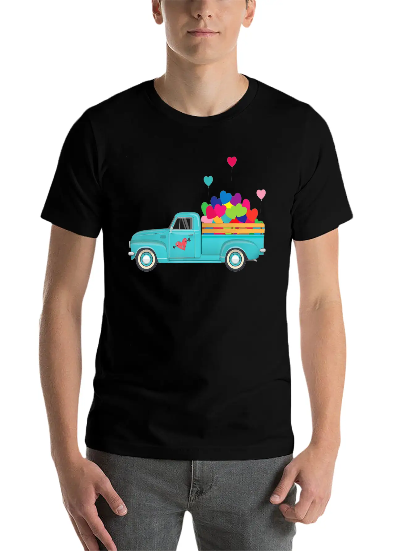 Truck Transporting Heart Balloons Vintage Valentin Soft Cotton Short Sleeve Tee – Unisex Wardrobe Staple