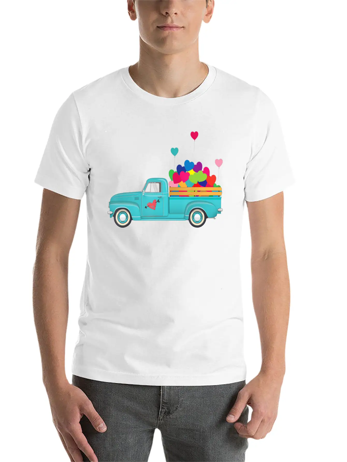 Truck Transporting Heart Balloons Vintage Valentin Soft Cotton Short Sleeve Tee – Unisex Wardrobe Staple