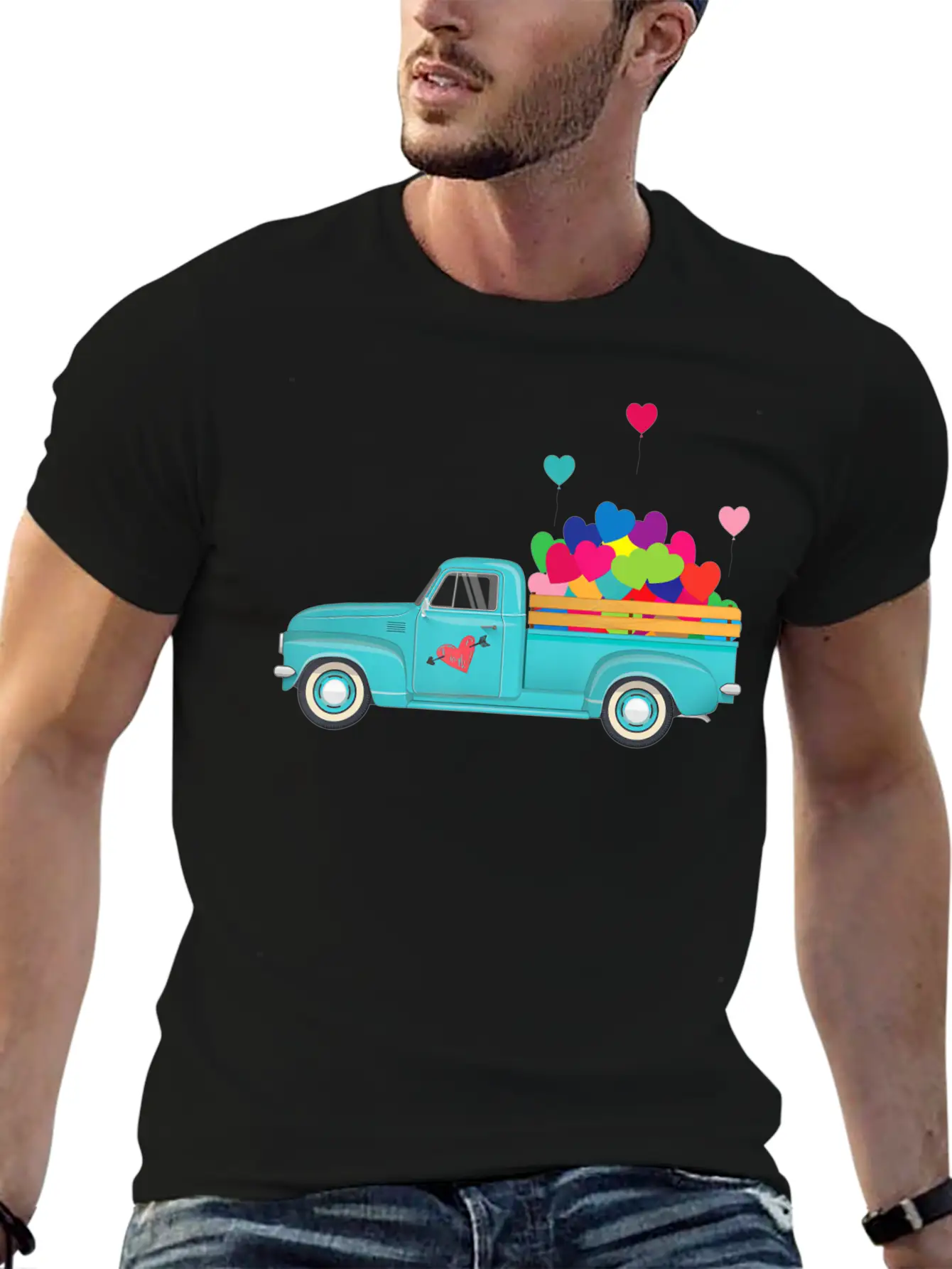 Truck Transporting Heart Balloons Vintage Valentin Soft Cotton Short Sleeve Tee – Unisex Wardrobe Staple