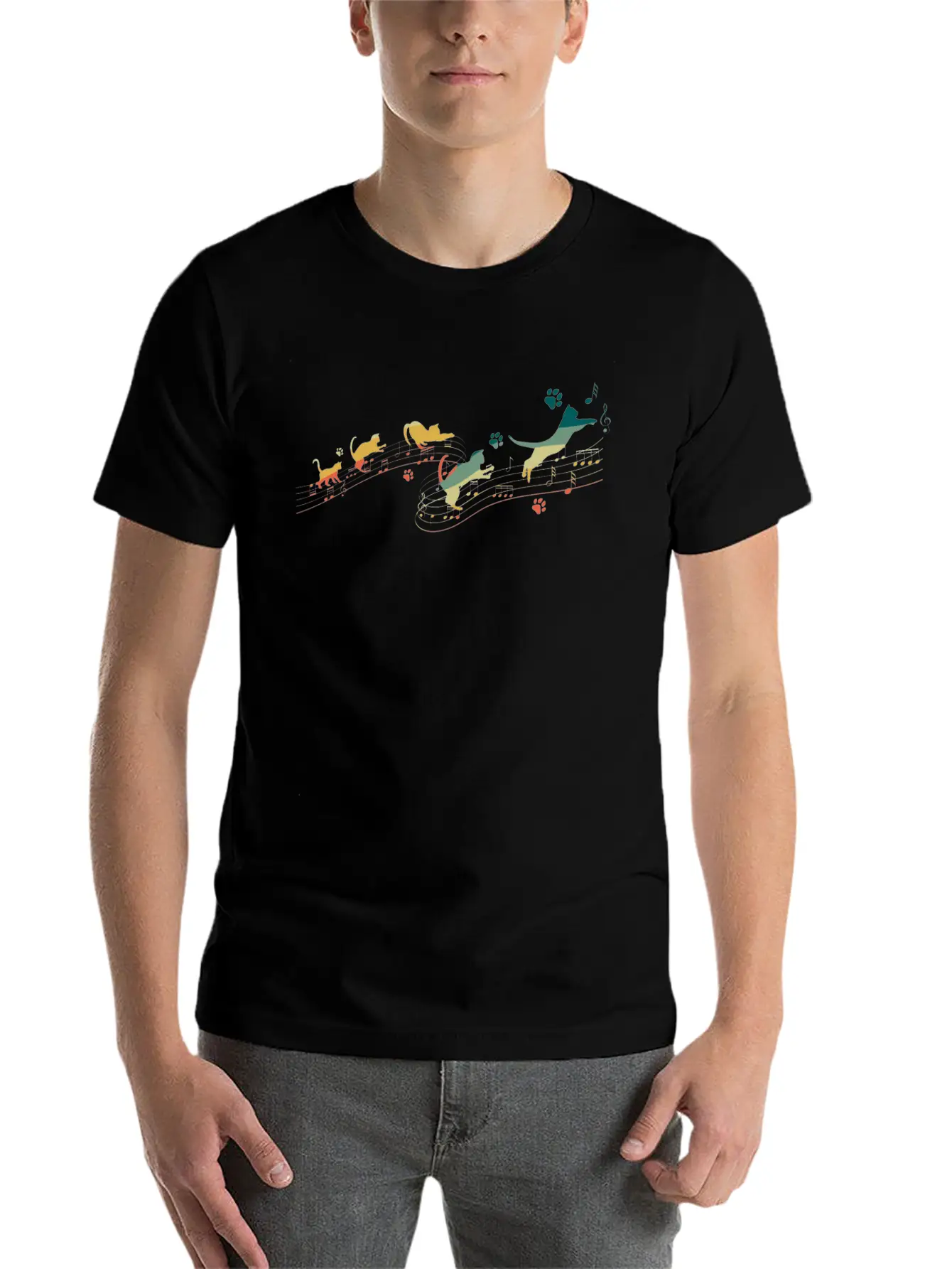 Vintage Cat Playing On Musical Notes Musician Lightweight Cotton T-Shirt – Daily Comfort Graphic Shirt