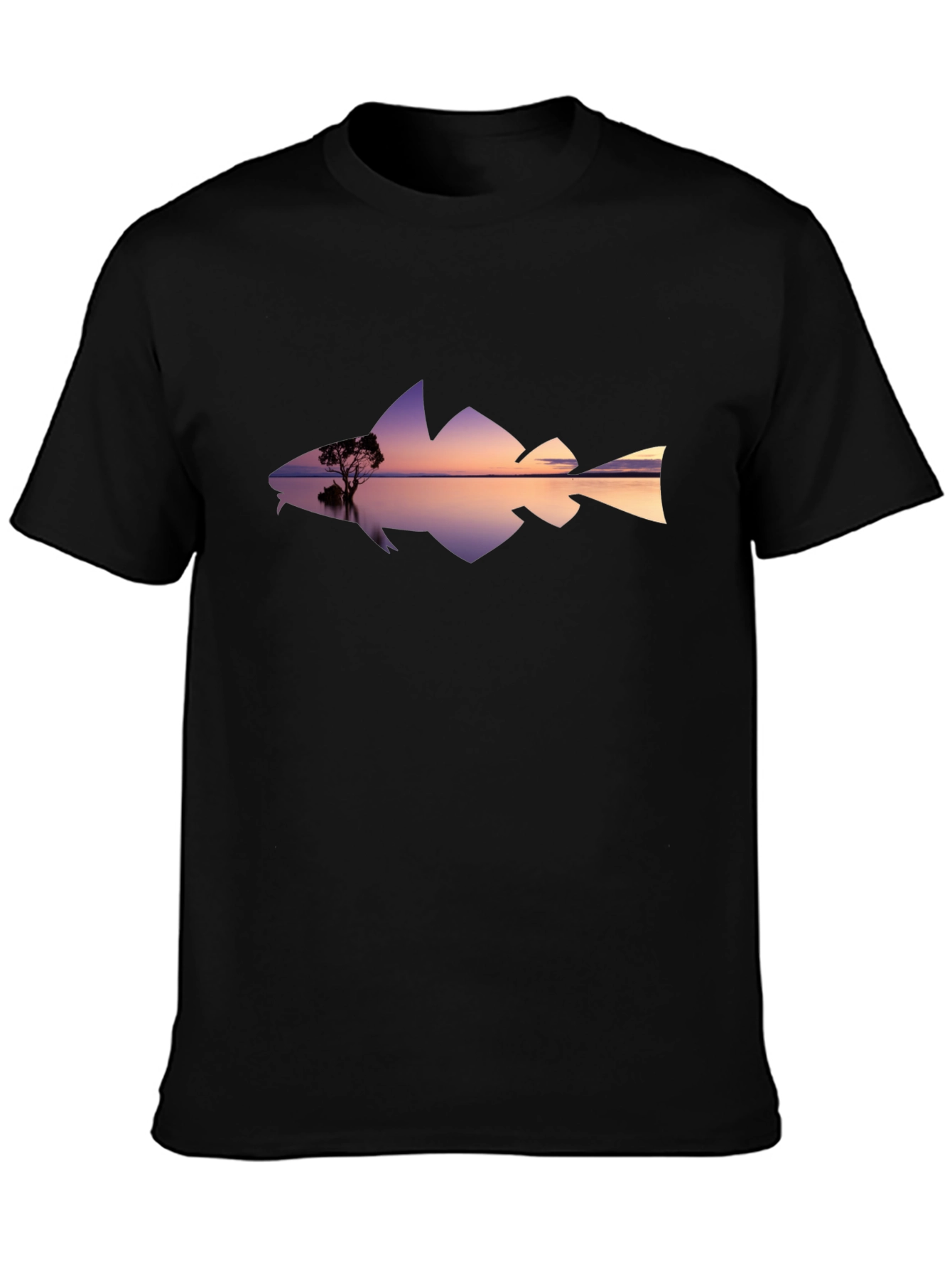 Sunset Fish Silhouette Graphic Tee - Black Cotton