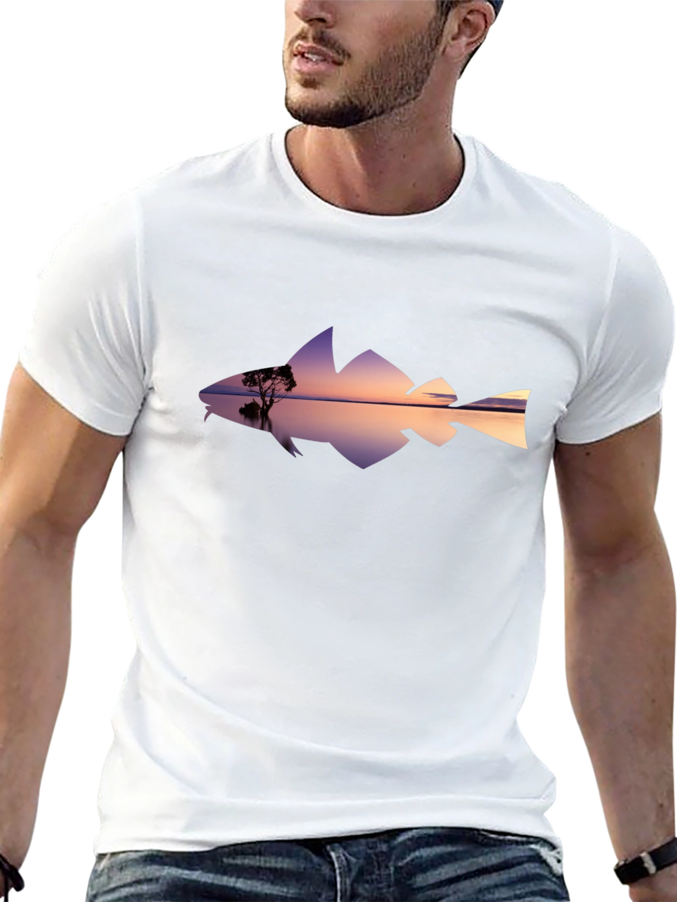 Sunset Fish Silhouette Graphic Tee - Black Cotton