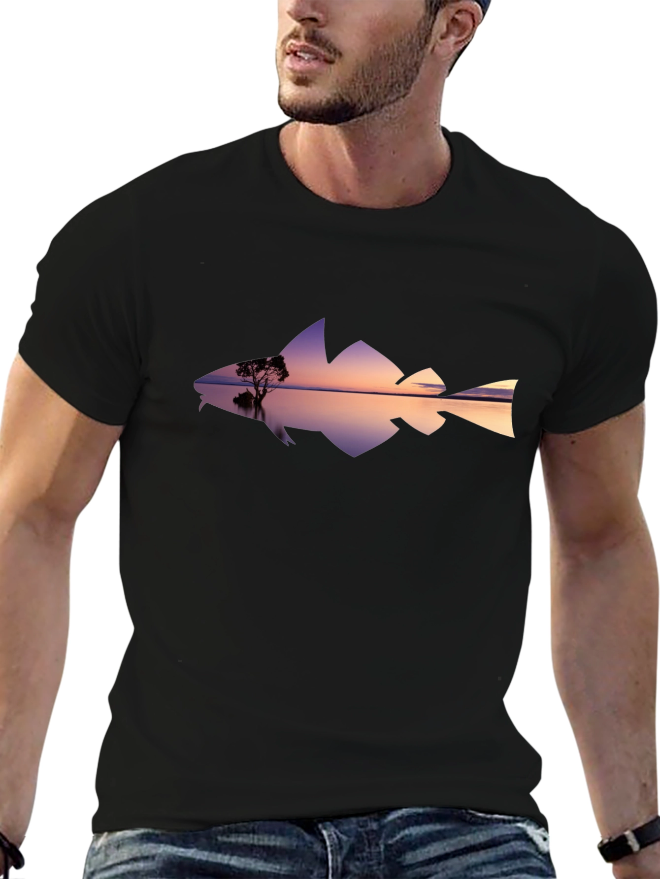 Sunset Fish Silhouette Graphic Tee - Black Cotton
