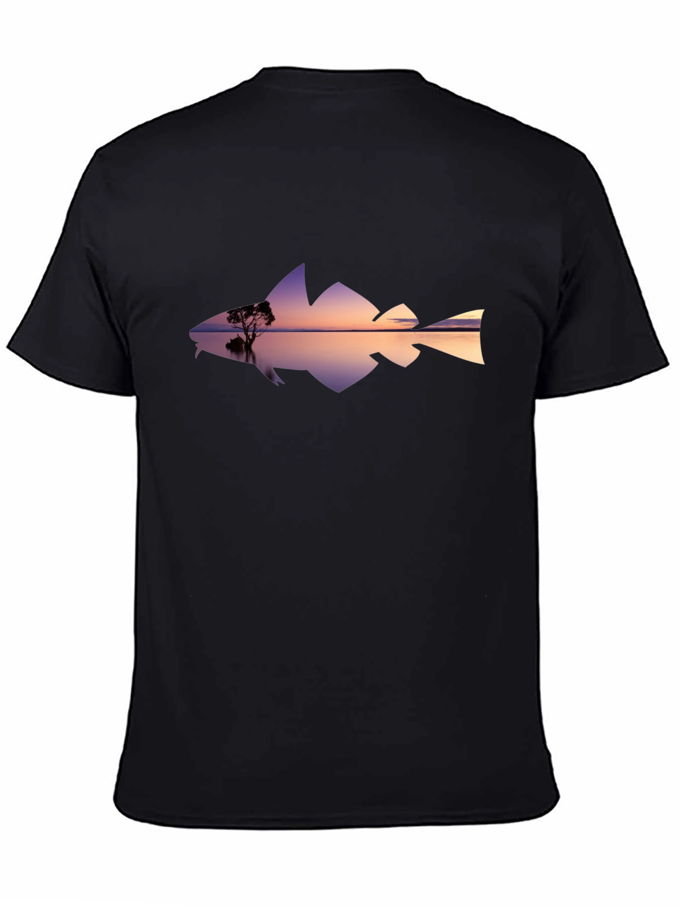 Sunset Fish Silhouette Graphic Tee - Black Cotton