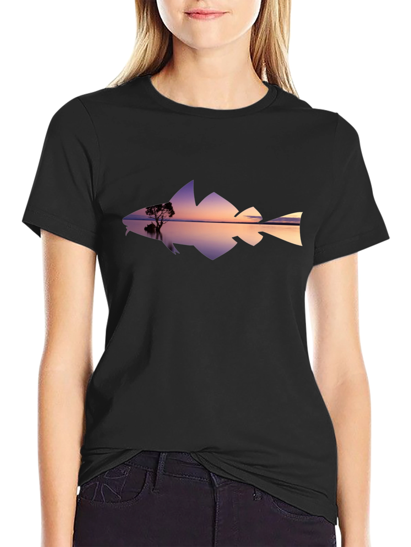 Sunset Fish Silhouette Graphic Tee - Black Cotton