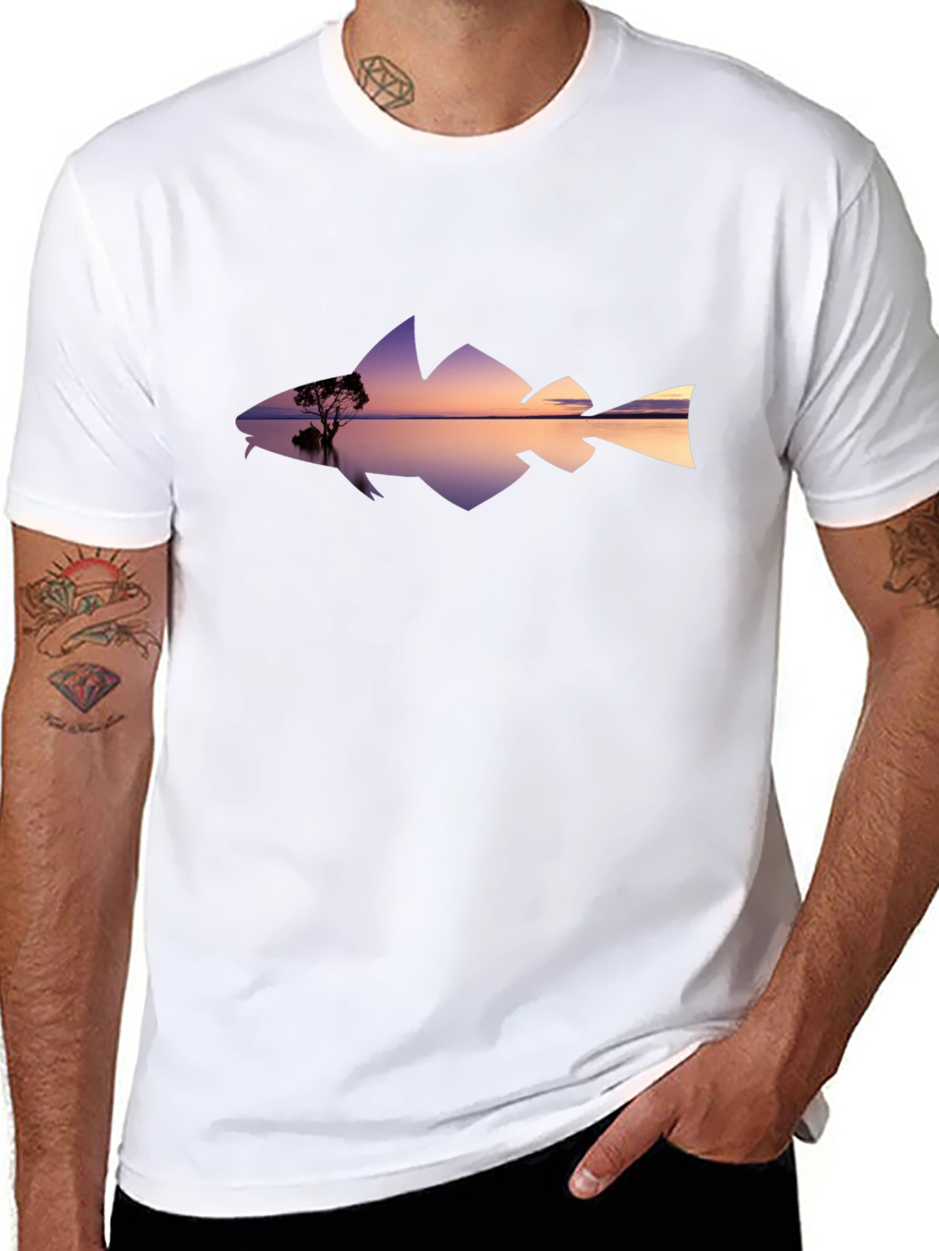 Sunset Fish Silhouette Graphic Tee - Black Cotton