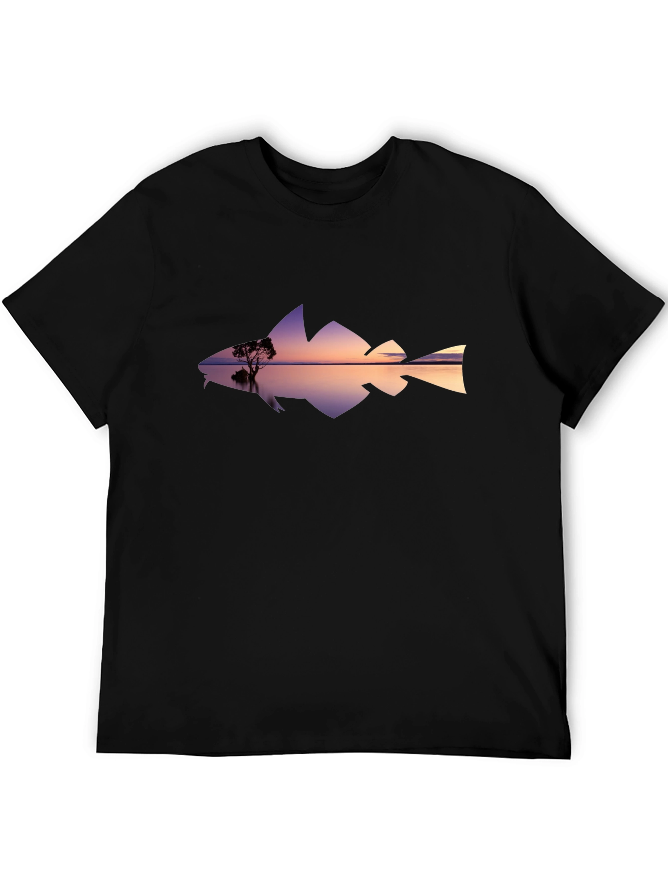 Sunset Fish Silhouette Graphic Tee - Black Cotton