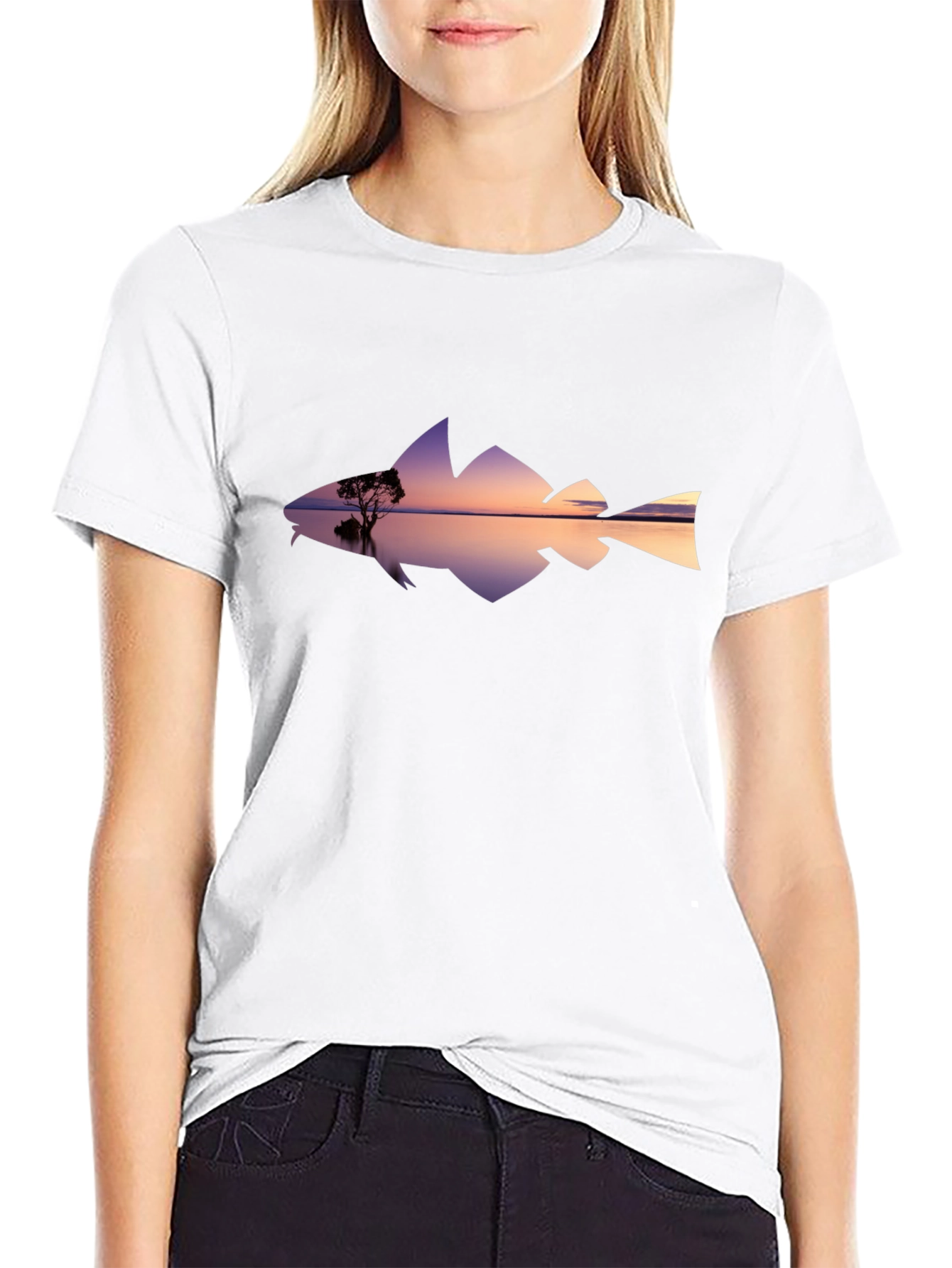 Sunset Fish Silhouette Graphic Tee - Black Cotton