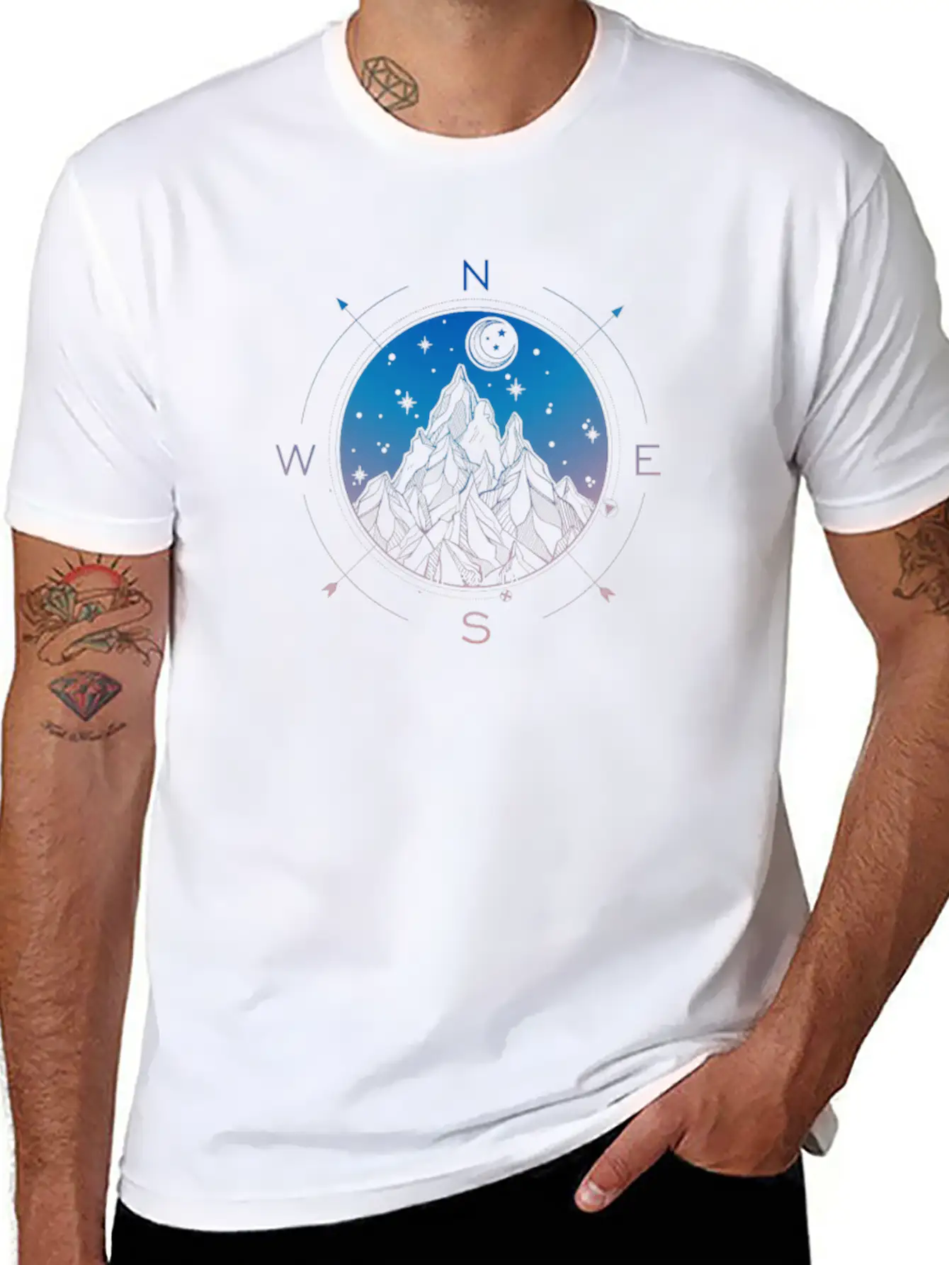 Wanderlust Tattoo Of Hand Drawn Mountain Wind Comp Modern Fit Casual T-Shirt ��� Clean And Versatile Design