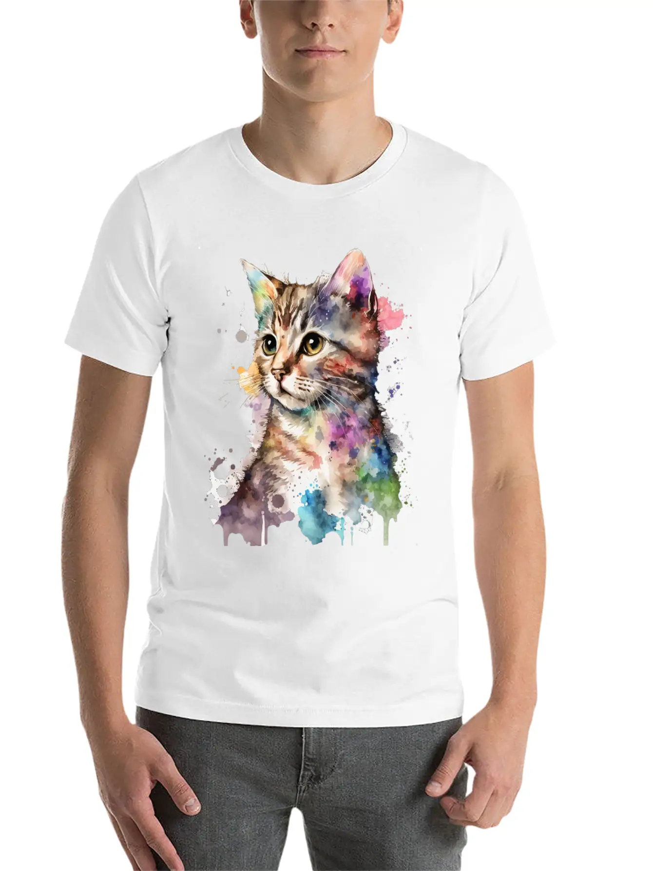 Watercolor Kitten Art Deco Lightweight Cotton T-Shirt – Daily Comfort Graphic Shirt