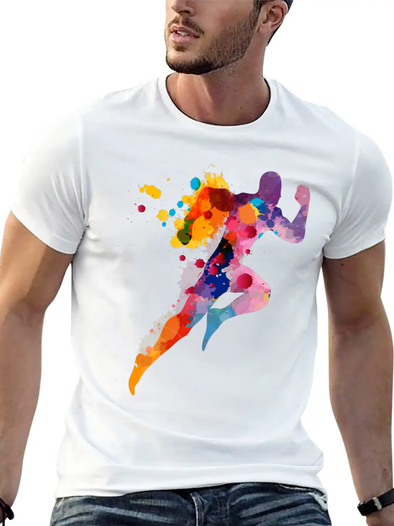 Watercolor Running Man Basic Graphic T-Shirt – Daily Comfort In Soft Cotton