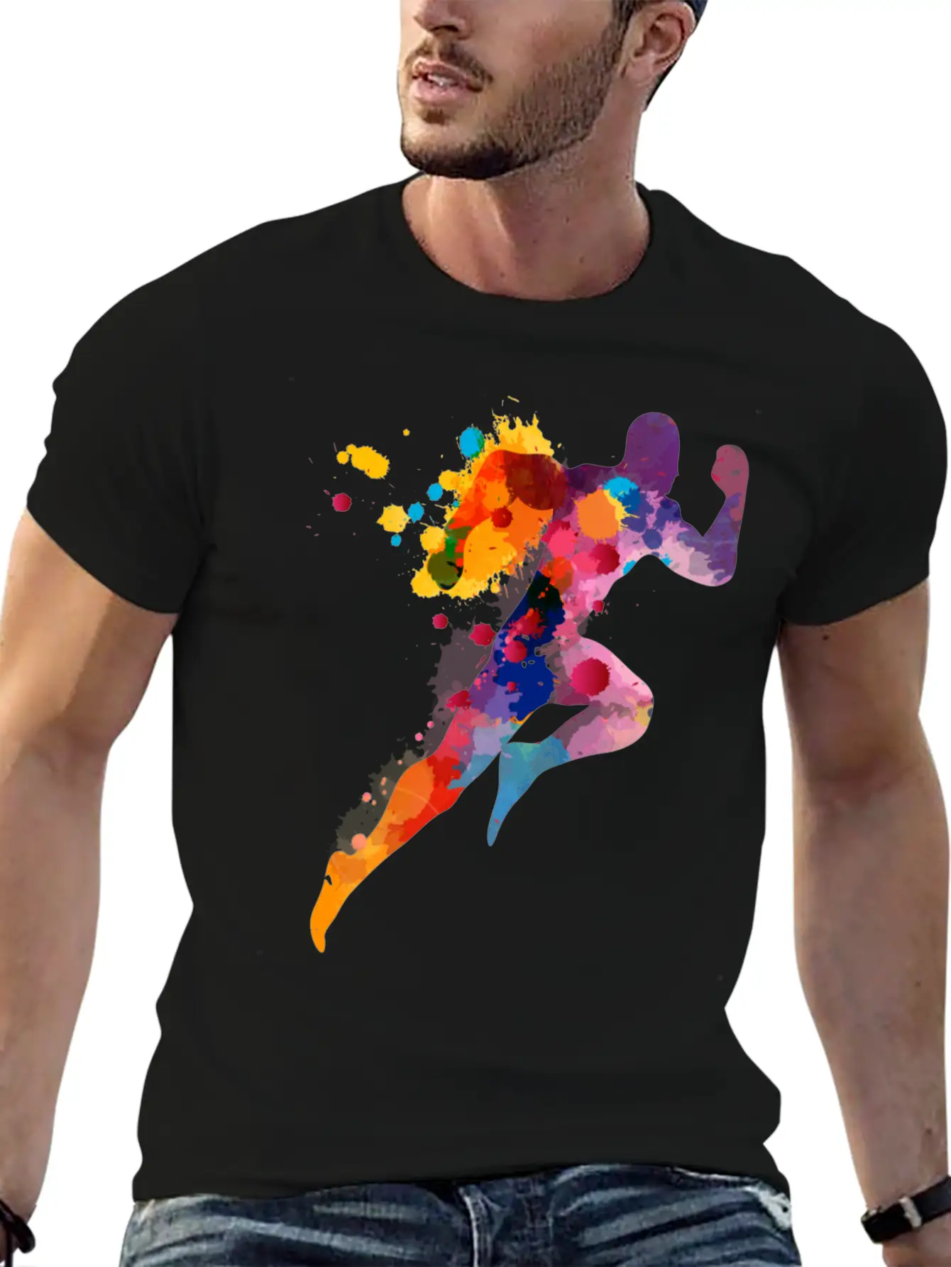 Watercolor Running Man Basic Graphic T-Shirt – Daily Comfort In Soft Cotton