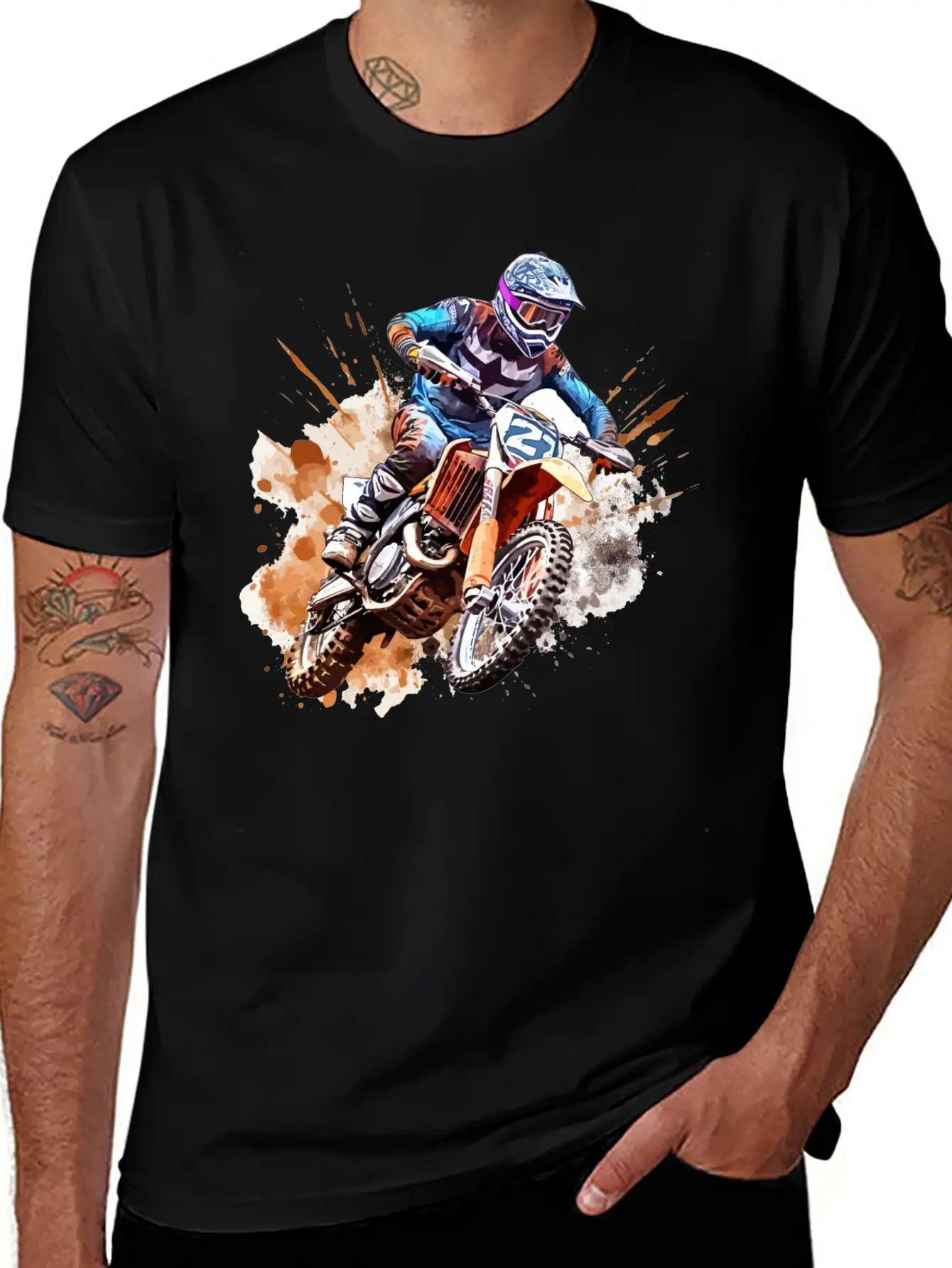 Watercolor Rush - Vibrant Motocross Artwork Unisex Casual T-Shirt – Clean Design For Daily Comfort