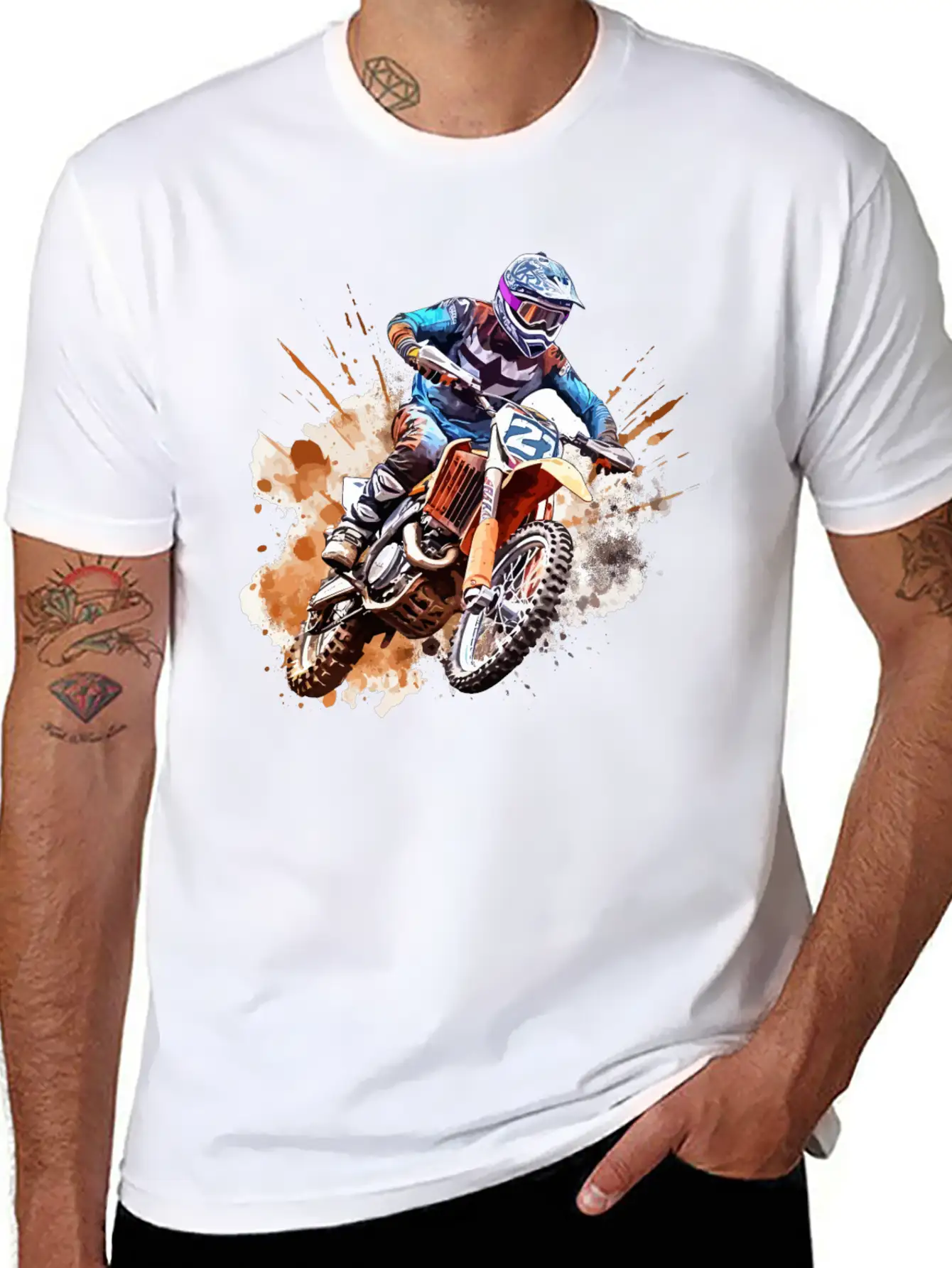 Watercolor Rush - Vibrant Motocross Artwork Unisex Casual T-Shirt – Clean Design For Daily Comfort