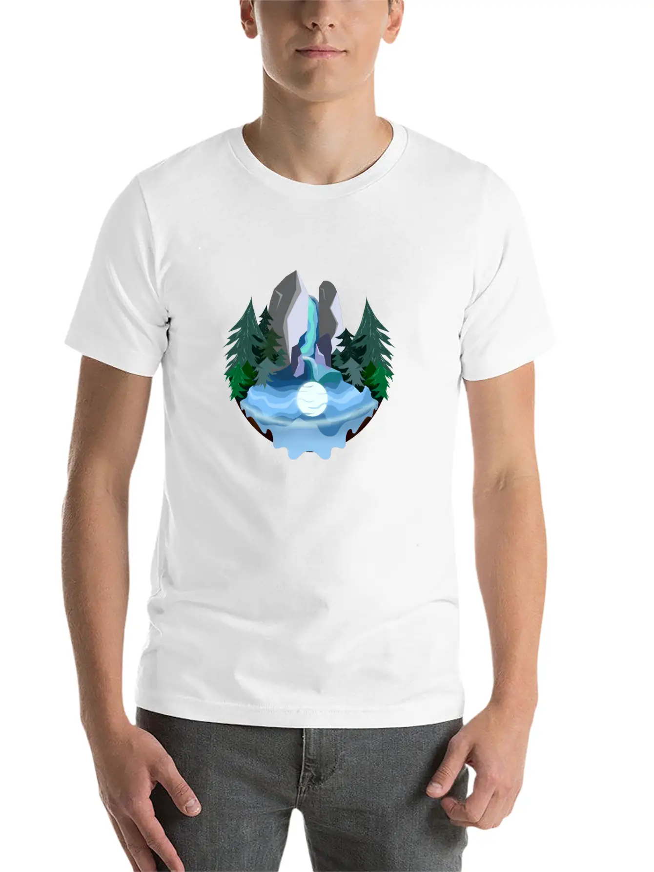 Waterfall In Forest At Night Essential Cotton Tee For Daily Outfits – Unisex Style