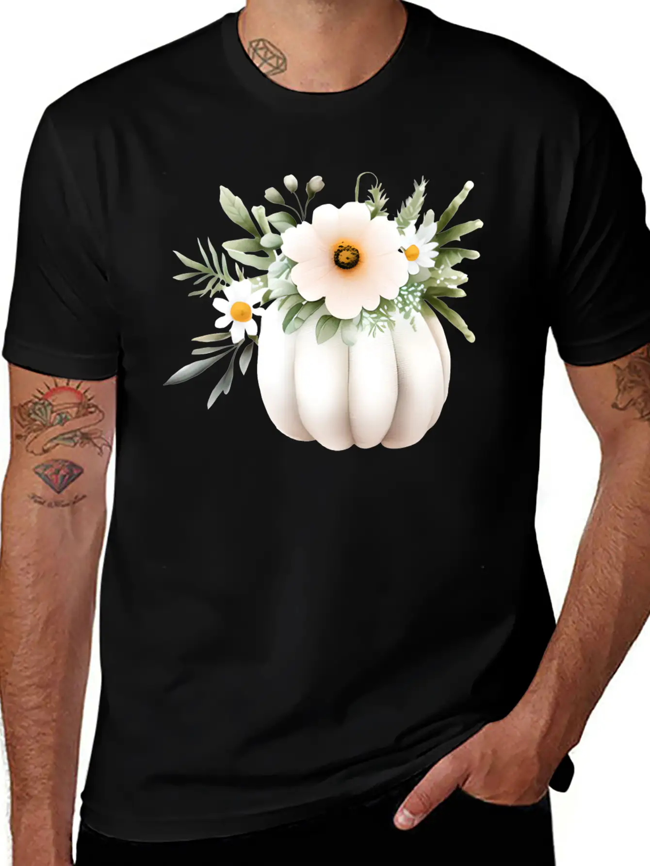 White Floral Pumpkin Lightweight Cotton T-Shirt – Daily Comfort Graphic Shirt