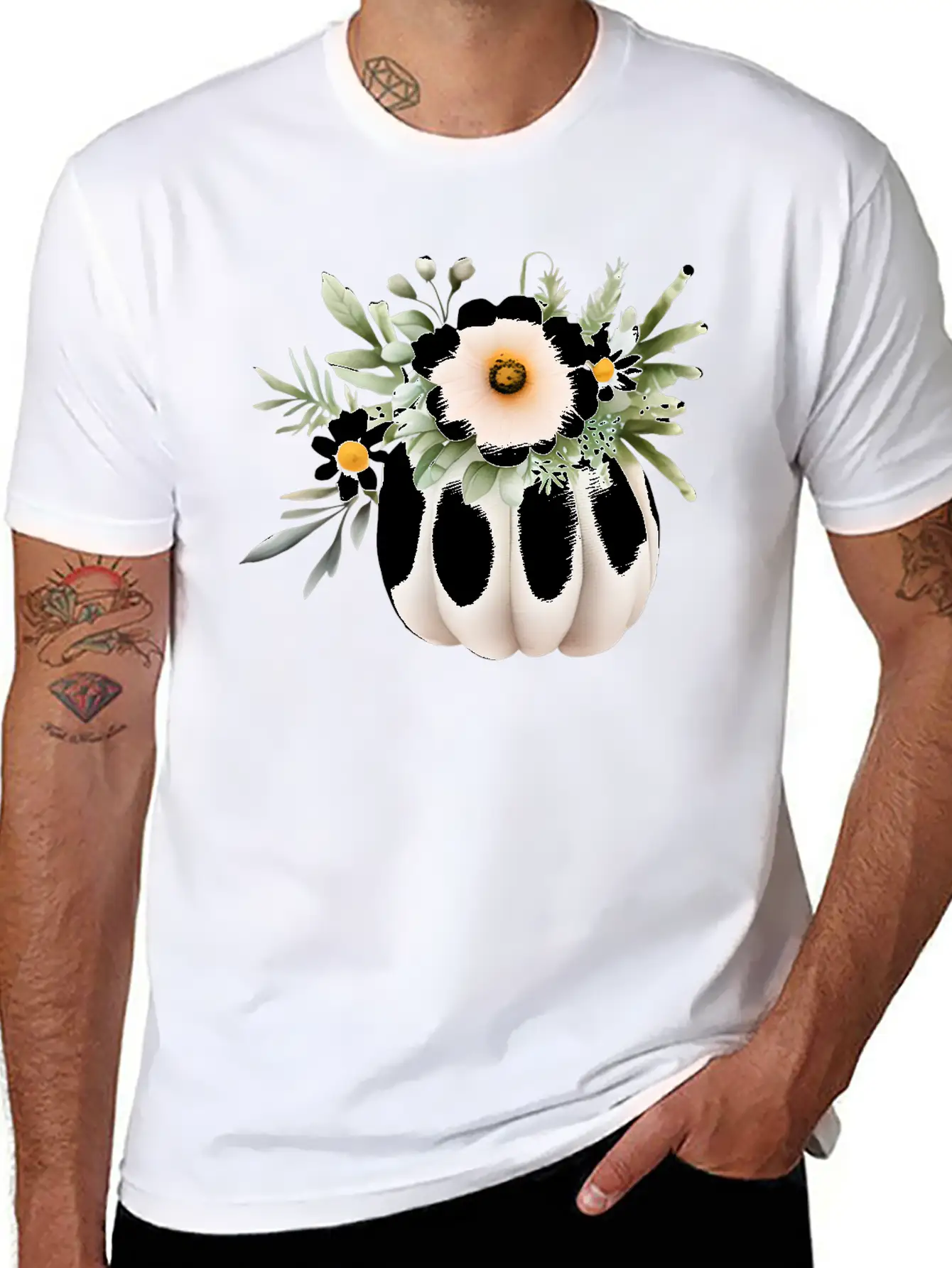 White Floral Pumpkin Lightweight Cotton T-Shirt – Daily Comfort Graphic Shirt