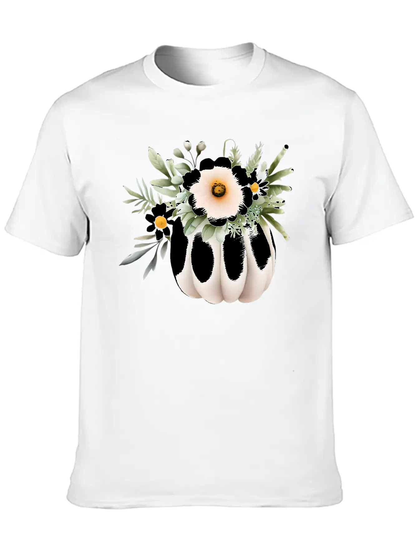 White Floral Pumpkin Lightweight Cotton T-Shirt – Daily Comfort Graphic Shirt
