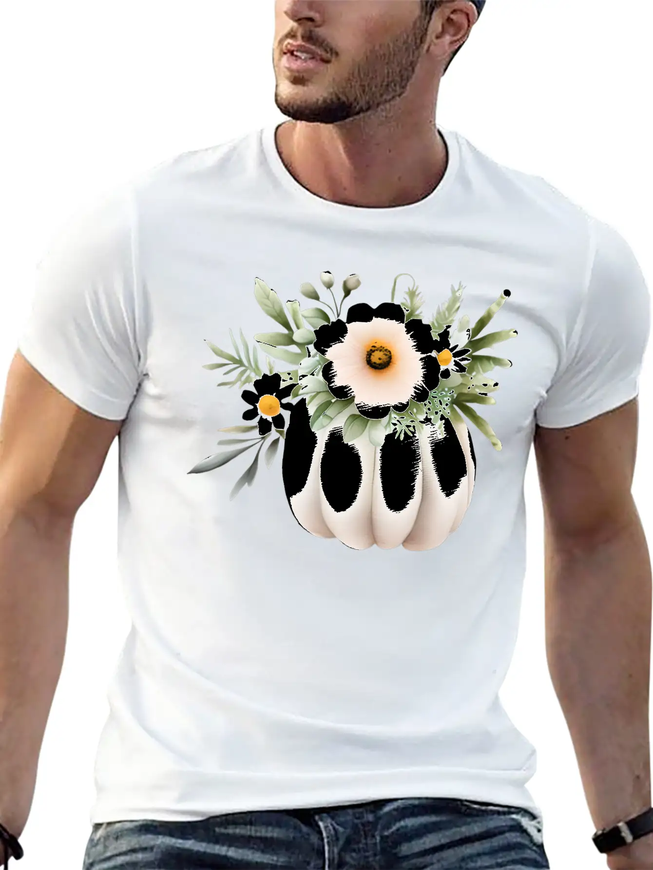 White Floral Pumpkin Lightweight Cotton T-Shirt – Daily Comfort Graphic Shirt