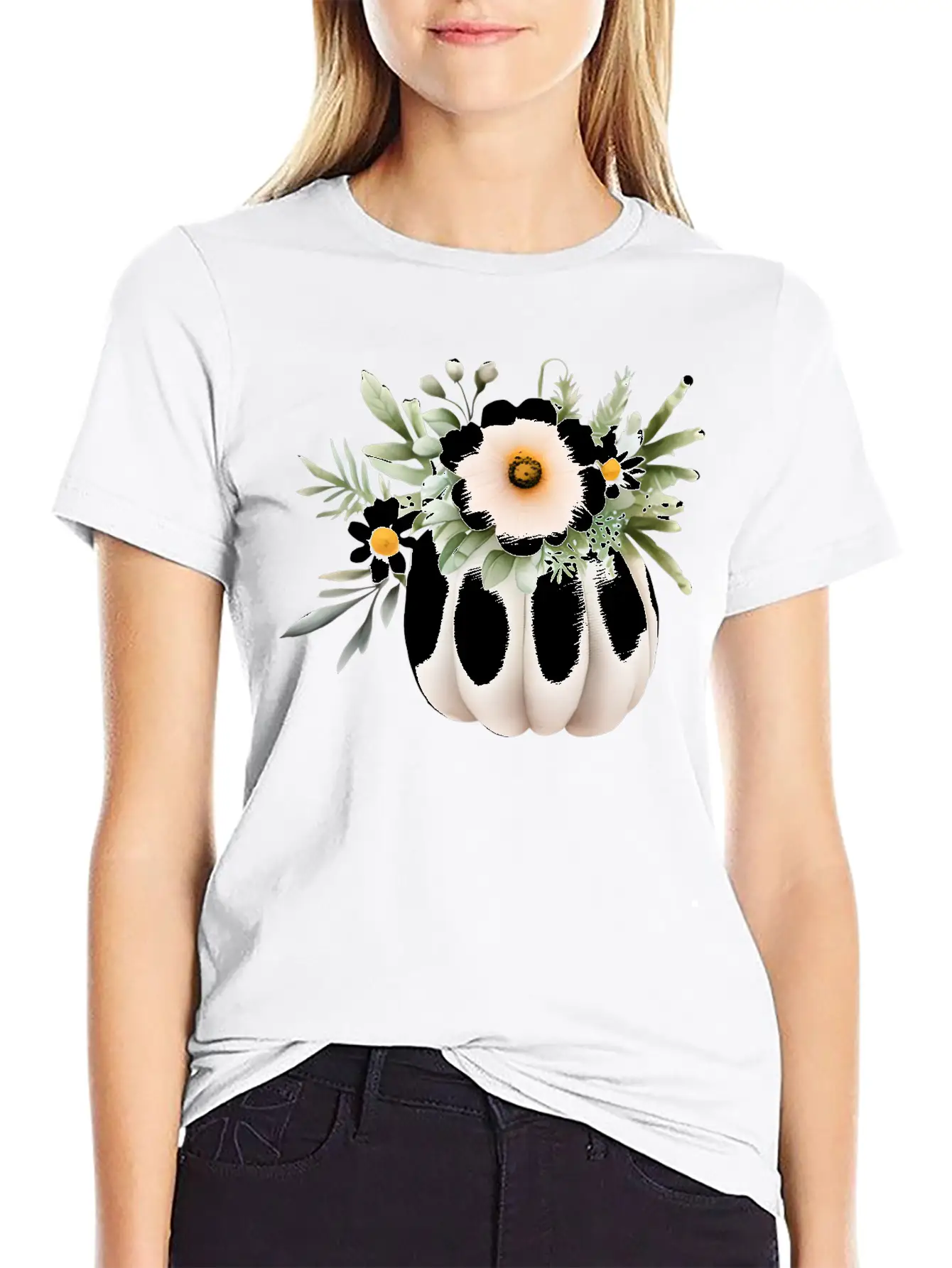 White Floral Pumpkin Lightweight Cotton T-Shirt – Daily Comfort Graphic Shirt