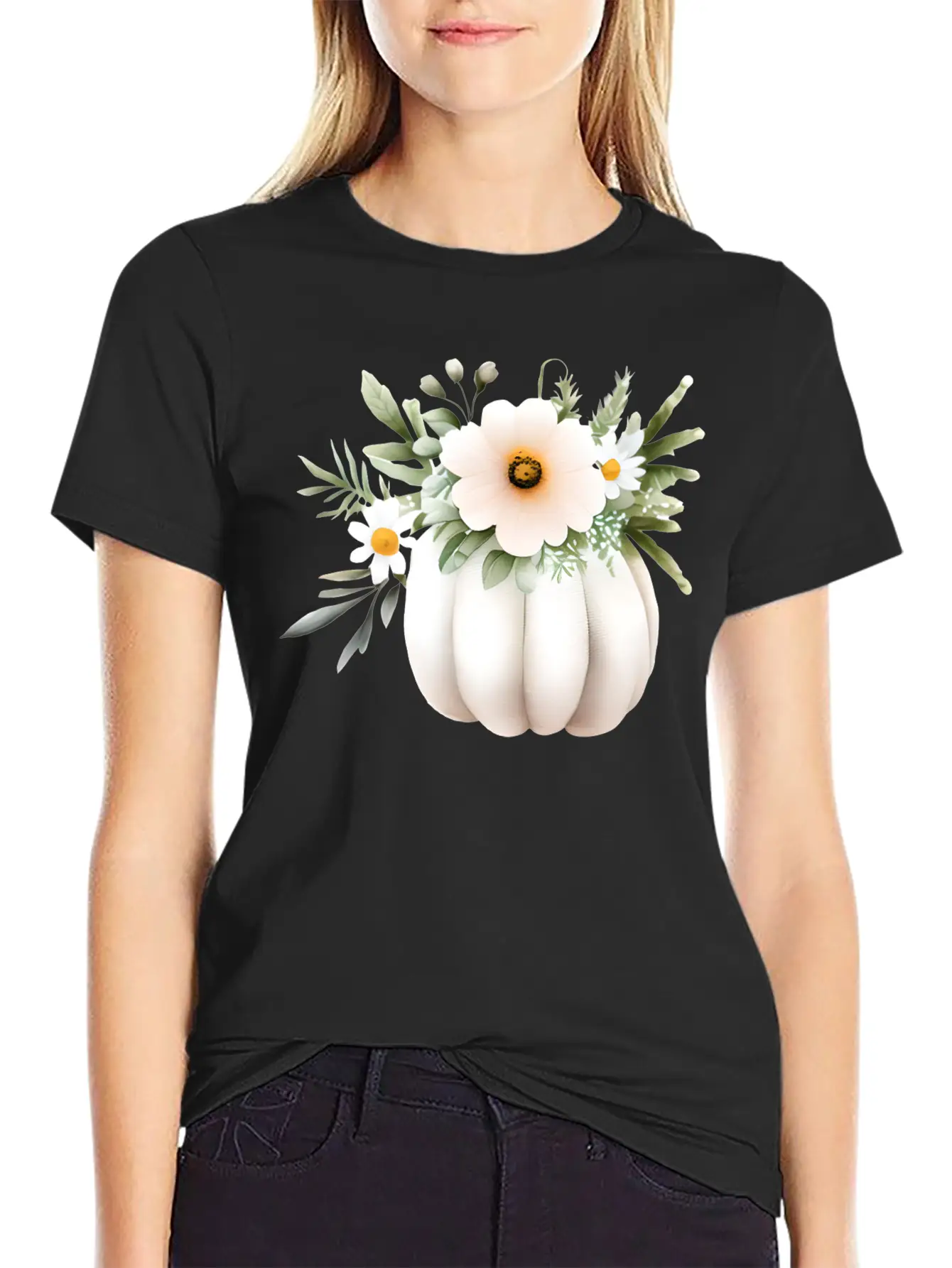 White Floral Pumpkin Lightweight Cotton T-Shirt – Daily Comfort Graphic Shirt