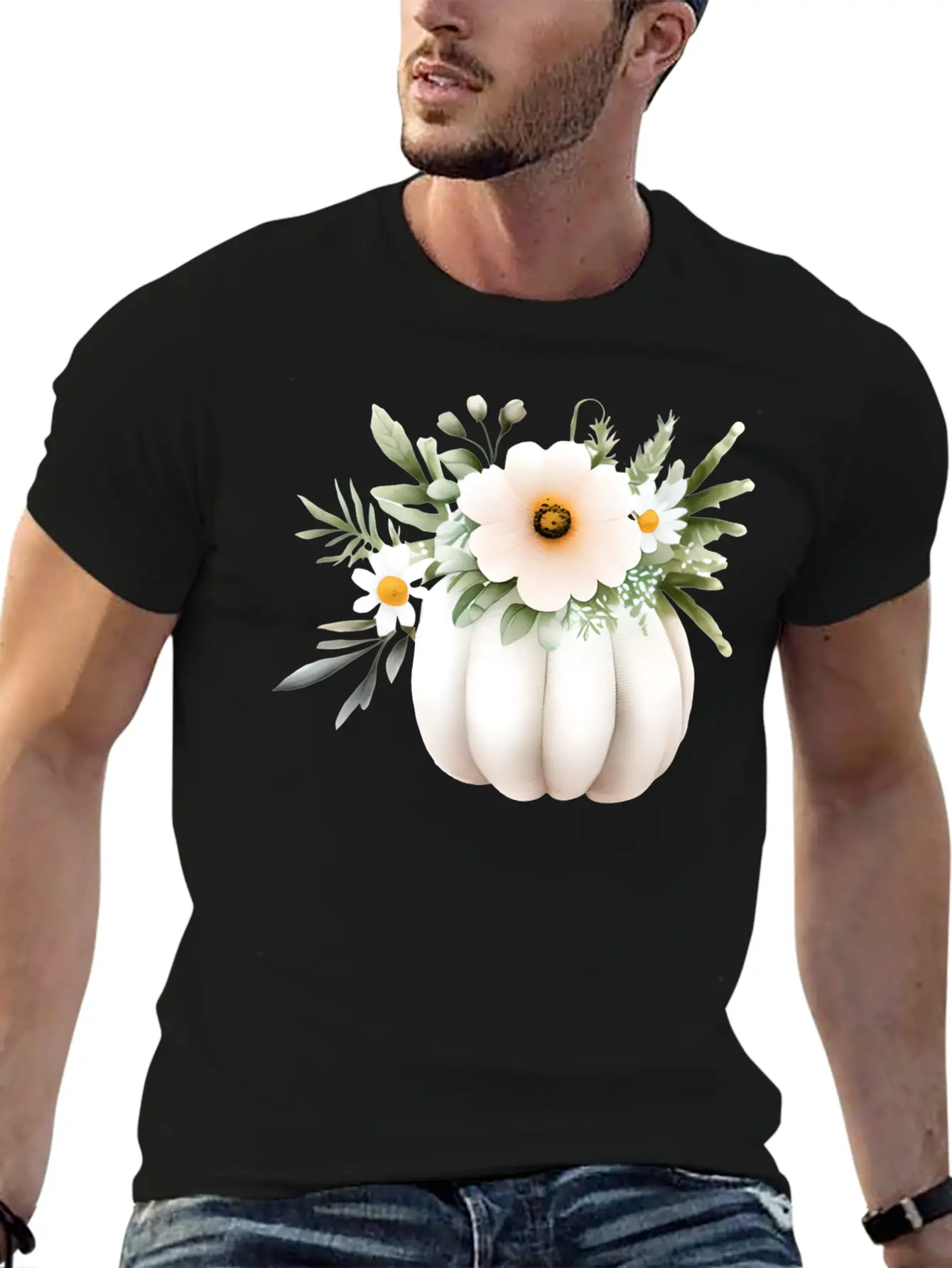 White Floral Pumpkin Lightweight Cotton T-Shirt – Daily Comfort Graphic Shirt
