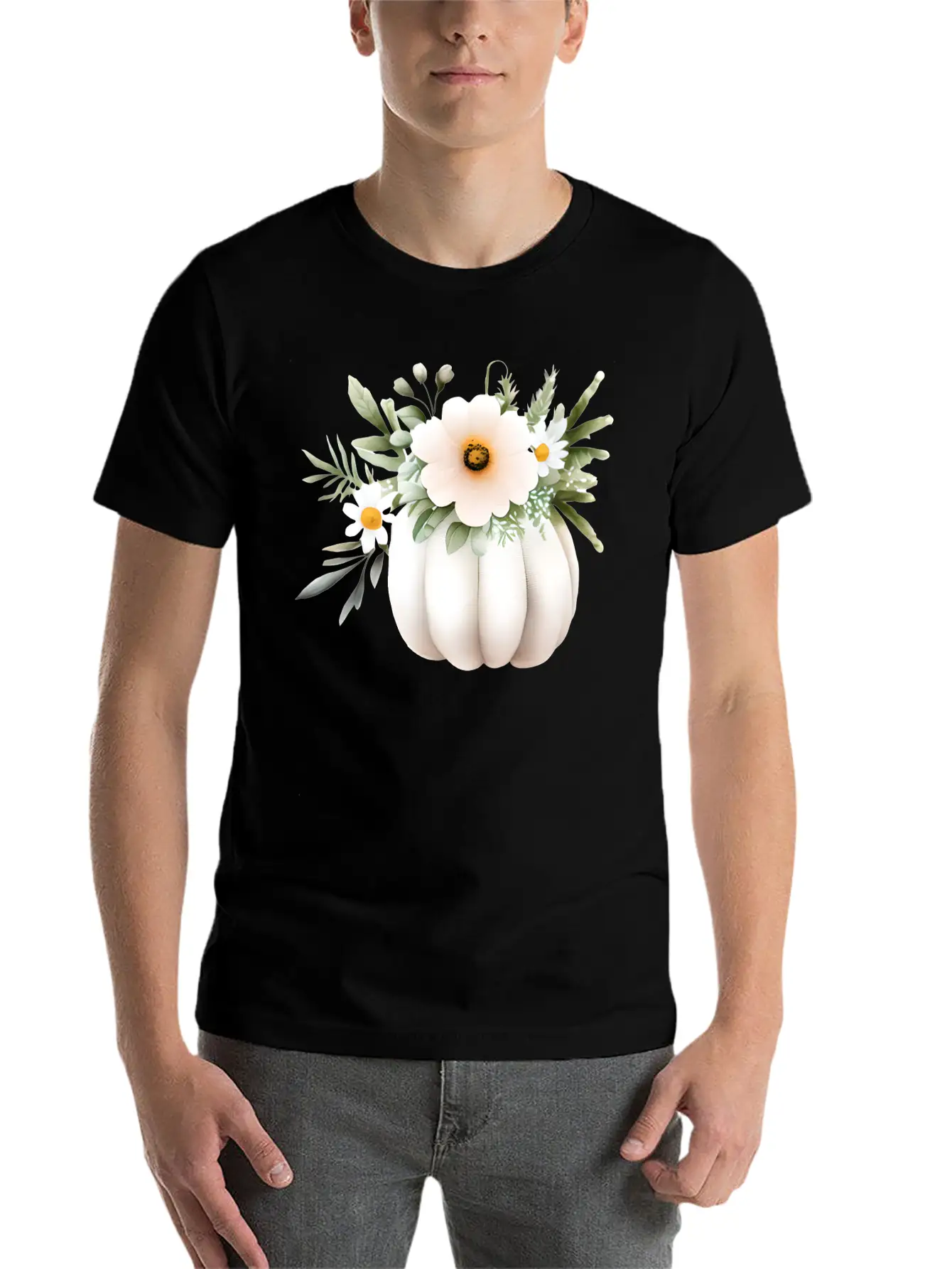 White Floral Pumpkin Lightweight Cotton T-Shirt – Daily Comfort Graphic Shirt