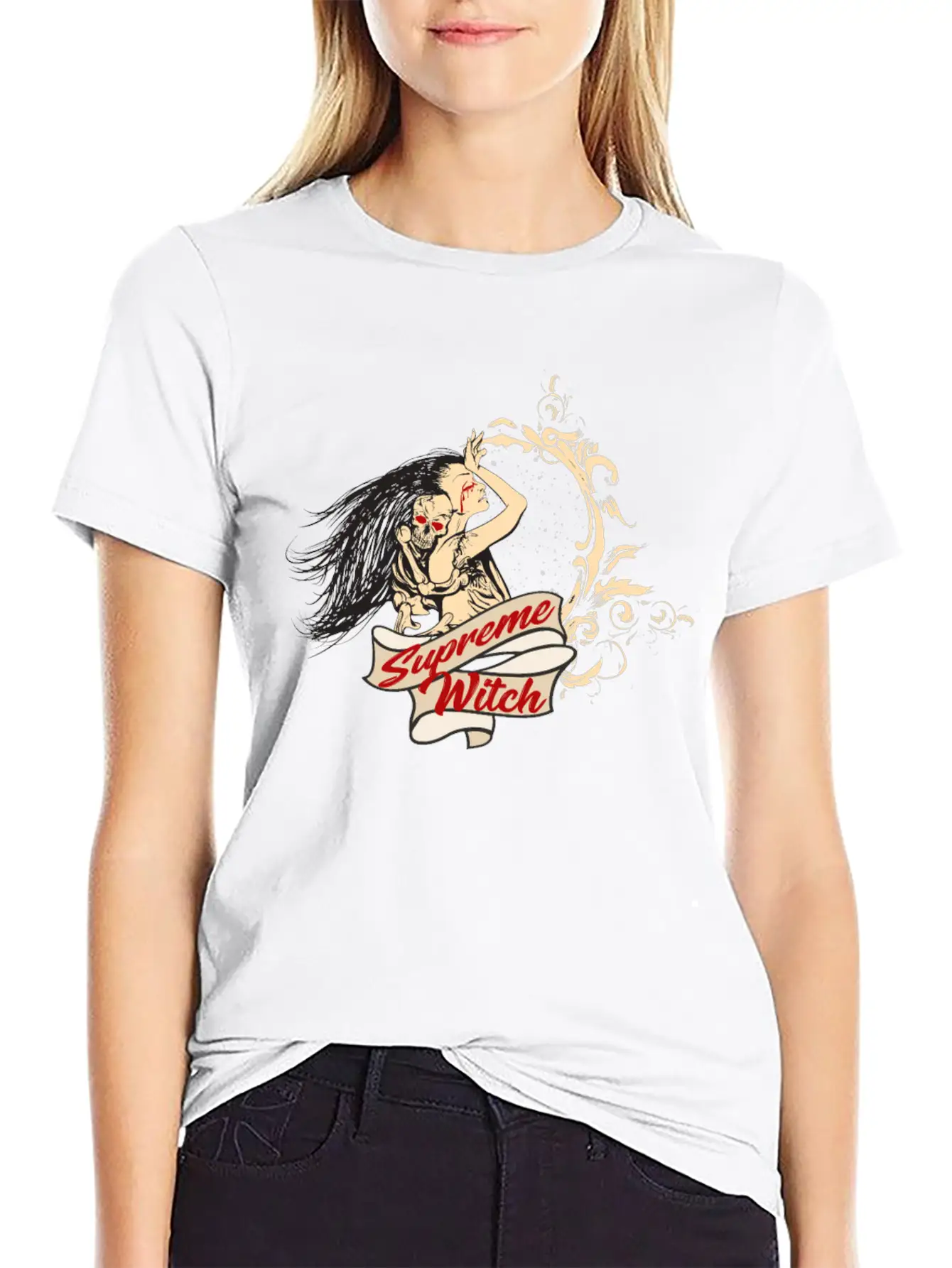 Witch With Skull Gothic Modern Fit Casual T-Shirt – Clean And Versatile Design
