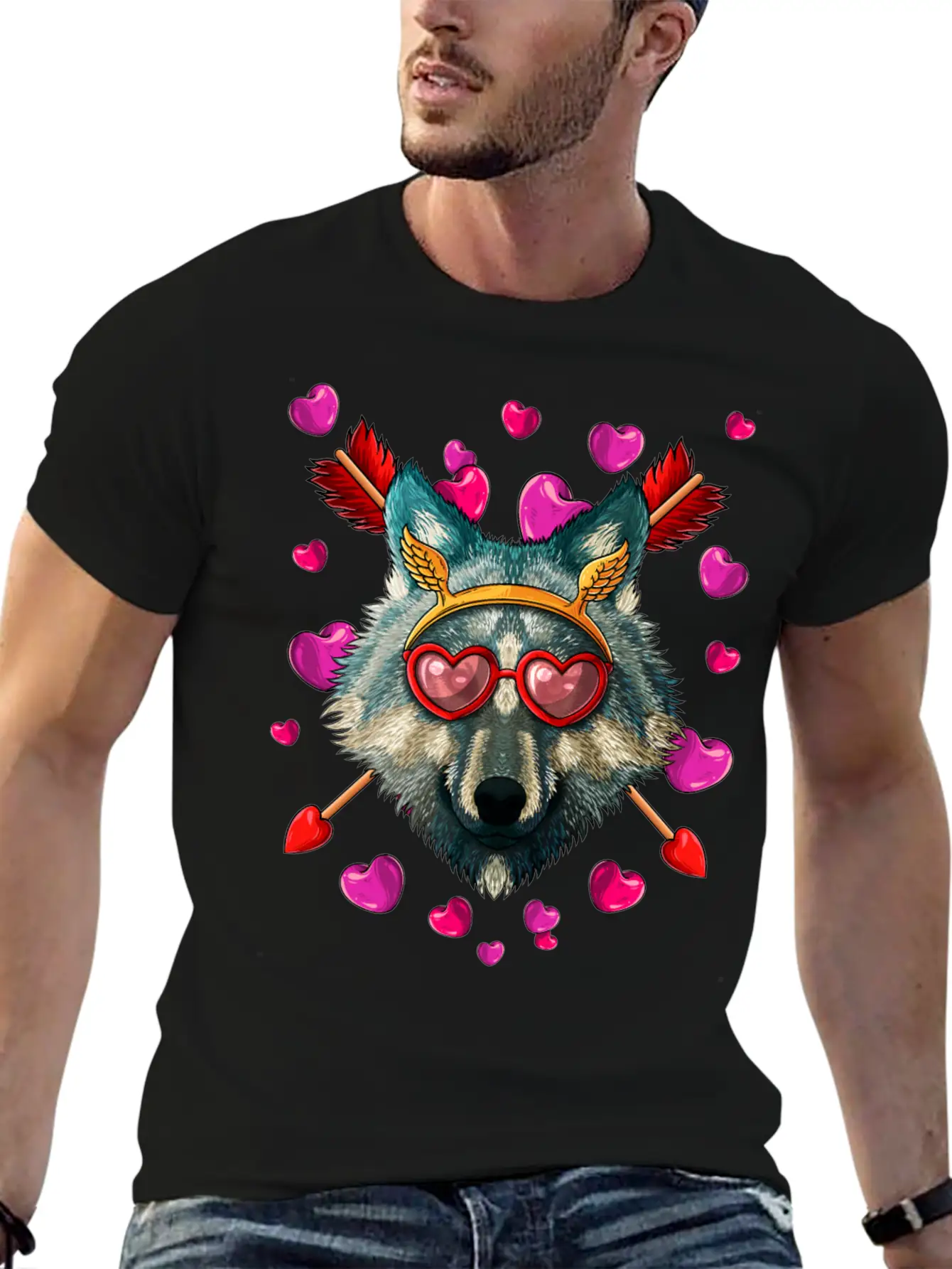 Wolf Valentines Day Animal Face Heart Glass Love A Lightweight Cotton T-Shirt – Daily Comfort Graphic Shirt