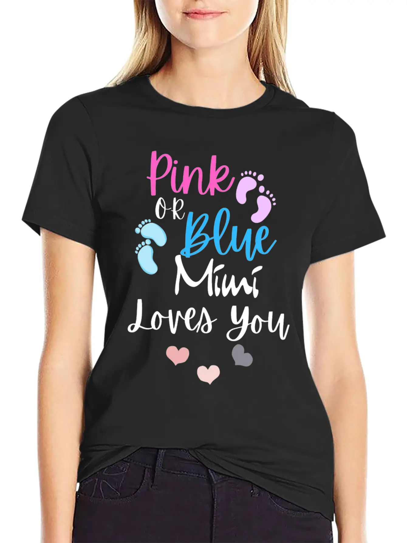 Womens Pink Or Blue Mimi Loves You Gender Reveal, Stylish Everyday T-Shirt – Unisex Basic Cotton Tee
