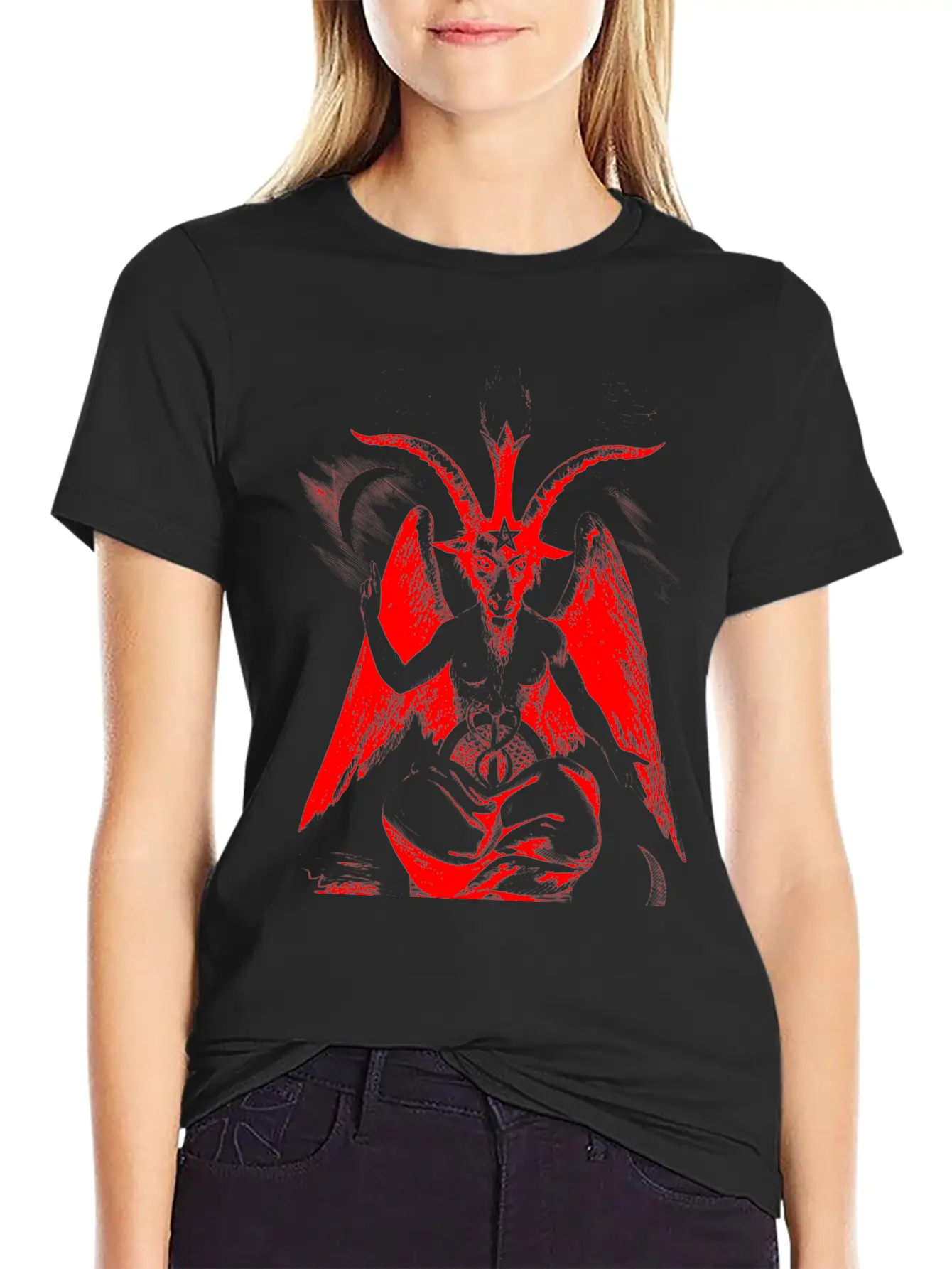 Woodcut, Baphomet - Red Basic Graphic T-Shirt – Daily Comfort In Soft Cotton