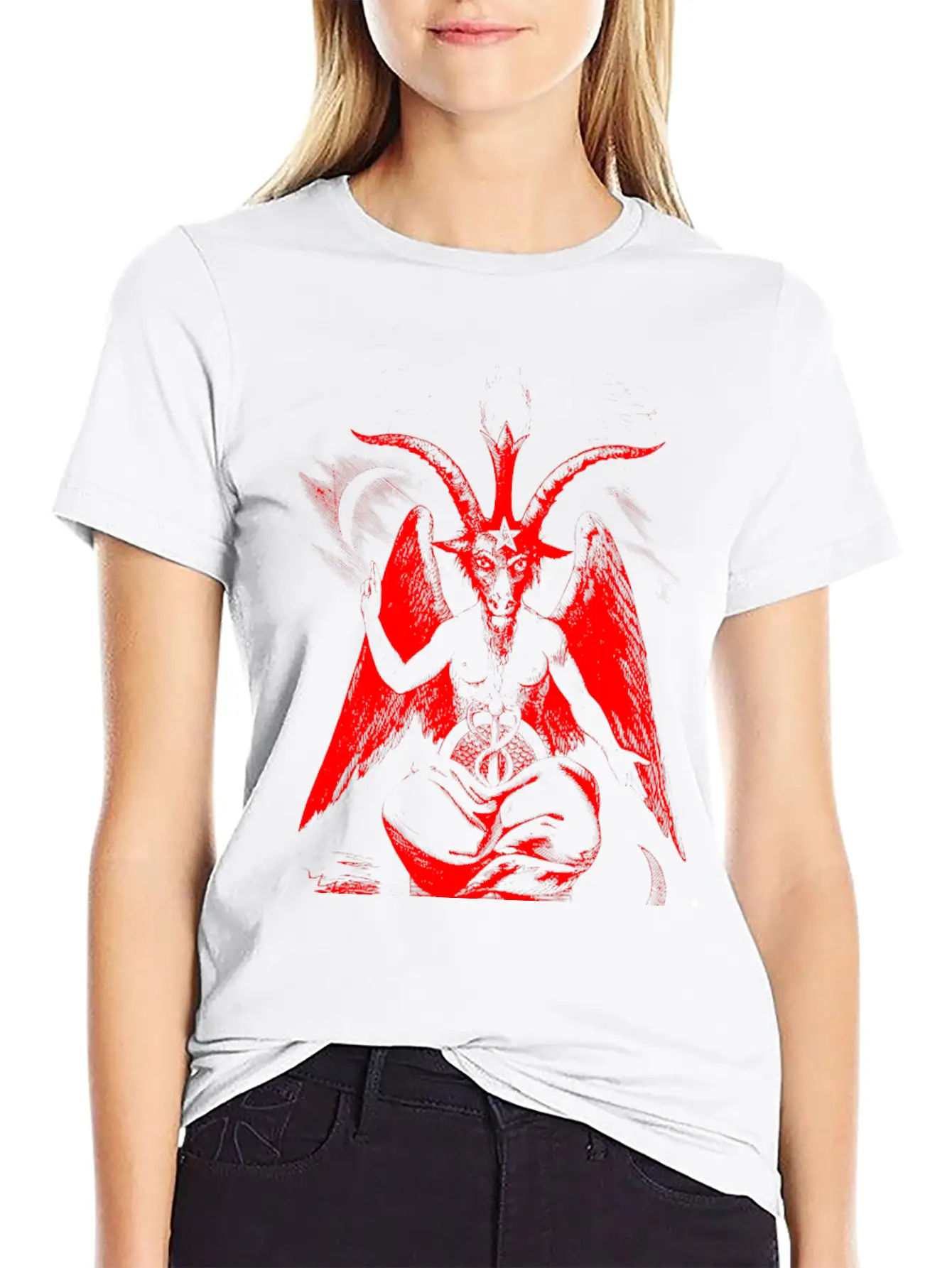 Woodcut, Baphomet - Red Basic Graphic T-Shirt – Daily Comfort In Soft Cotton
