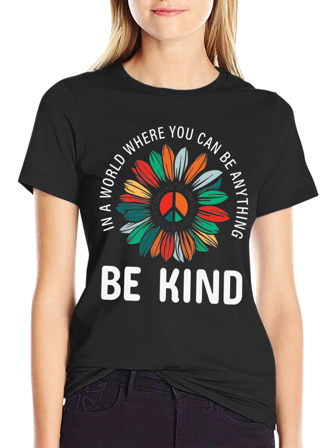 Be Kind Sunflower Graphic Tee - Black Cotton T-Shirt