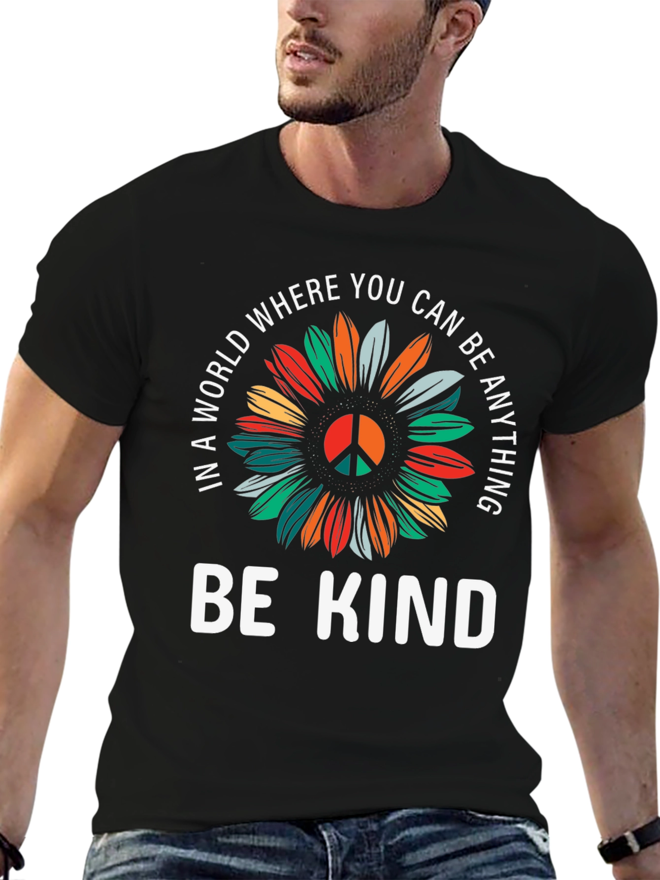 Be Kind Sunflower Graphic Tee - Black Cotton T-Shirt