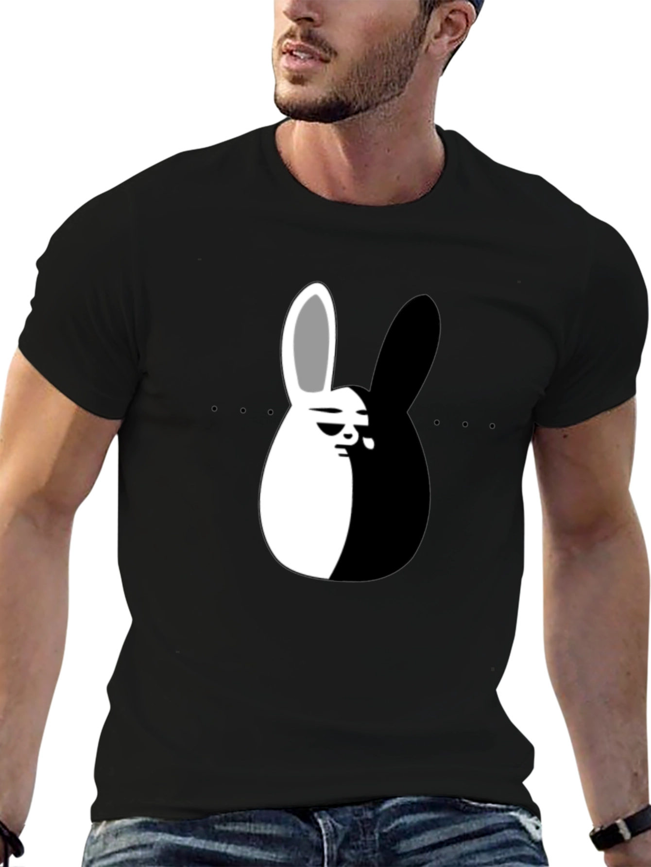 Yin Yang Rabbit Graphic T-Shirt - Black Casual Tee