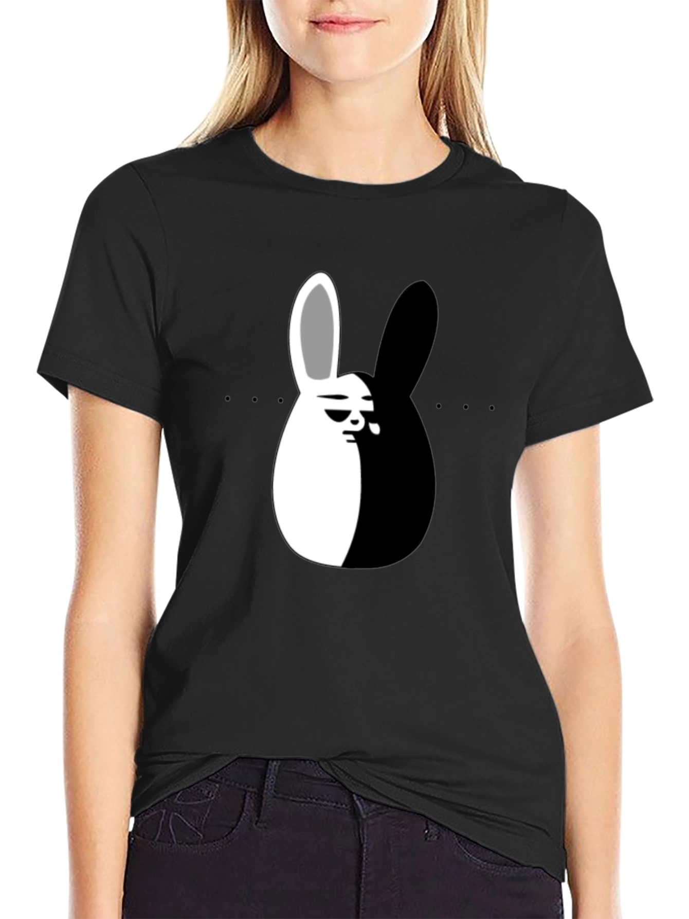 Yin Yang Rabbit Graphic T-Shirt - Black Casual Tee